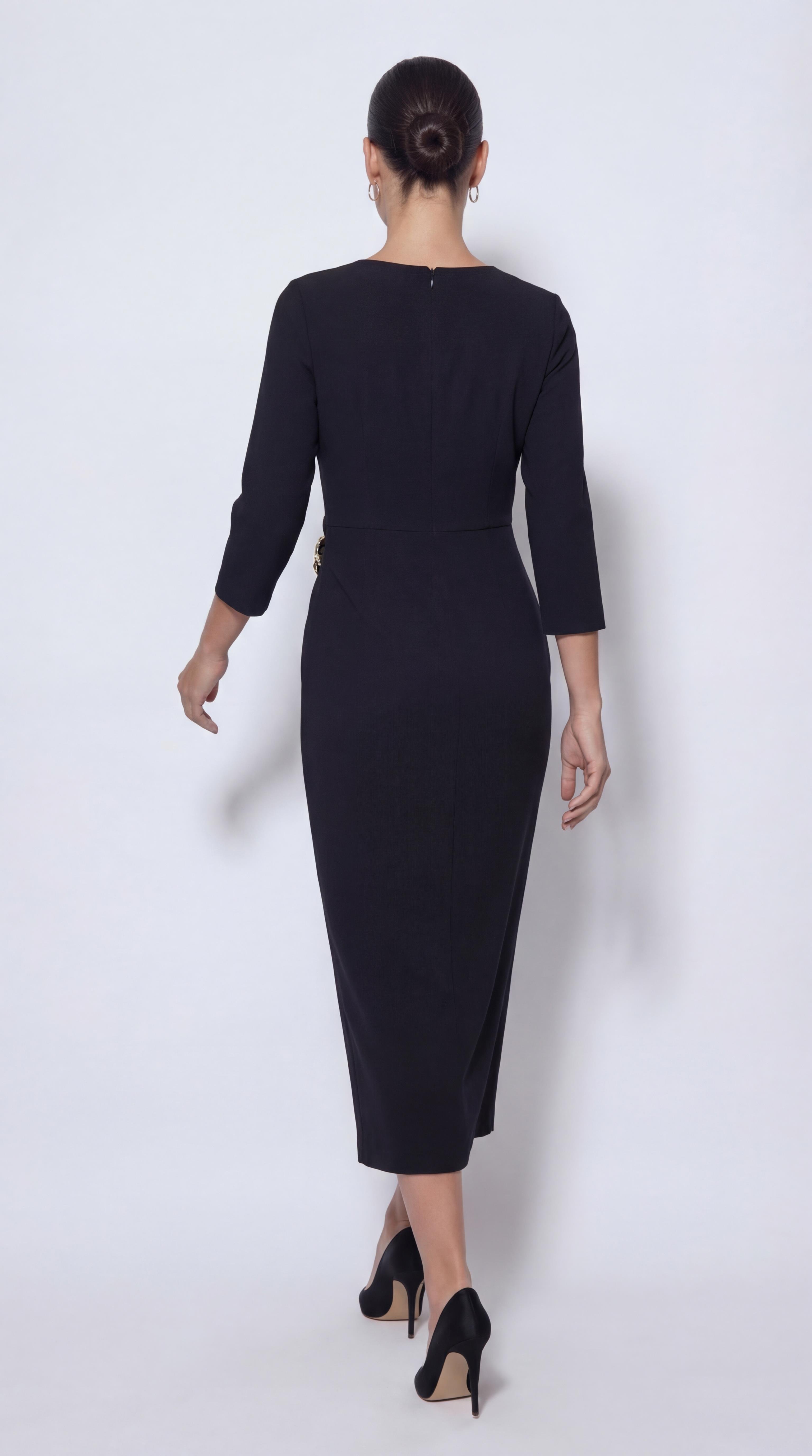 Siyah-ML18039 Toka Detaylı Midi Boy Elbise
