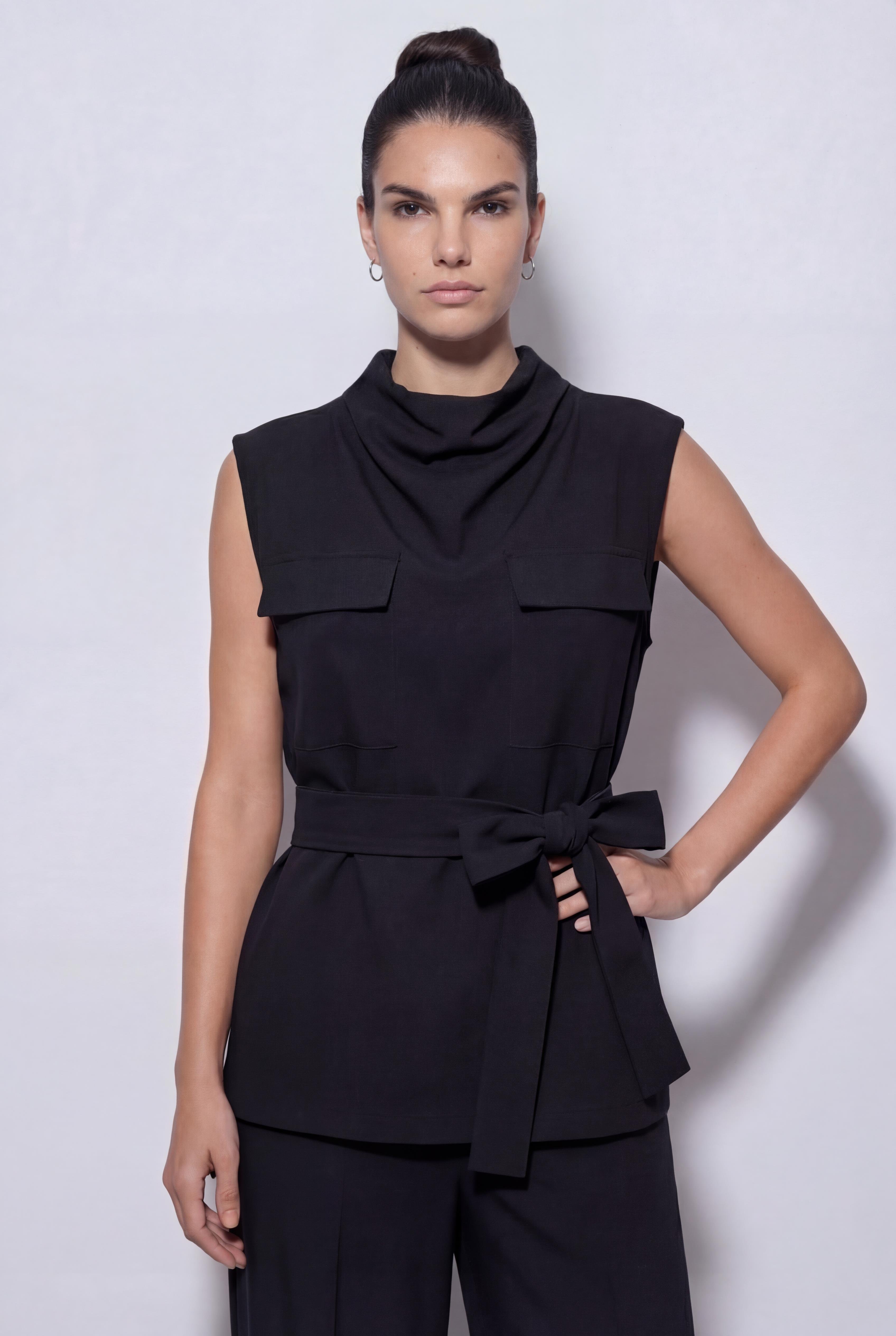 Siyah-ML28011 Kemerli Dik Yaka Bluz
