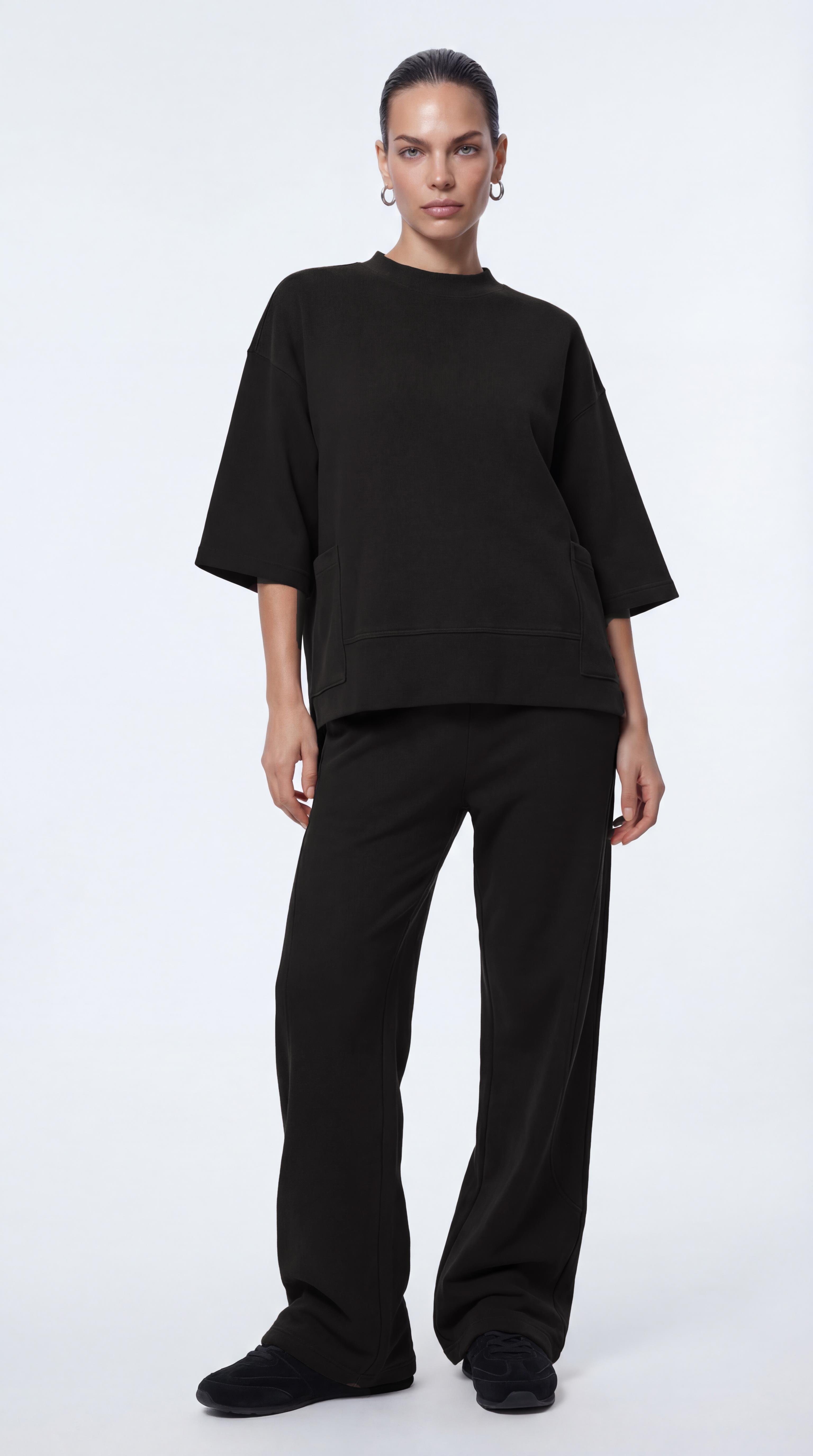Siyah-ML28041 Düşük Omuz Süet Örme Sweatshirt