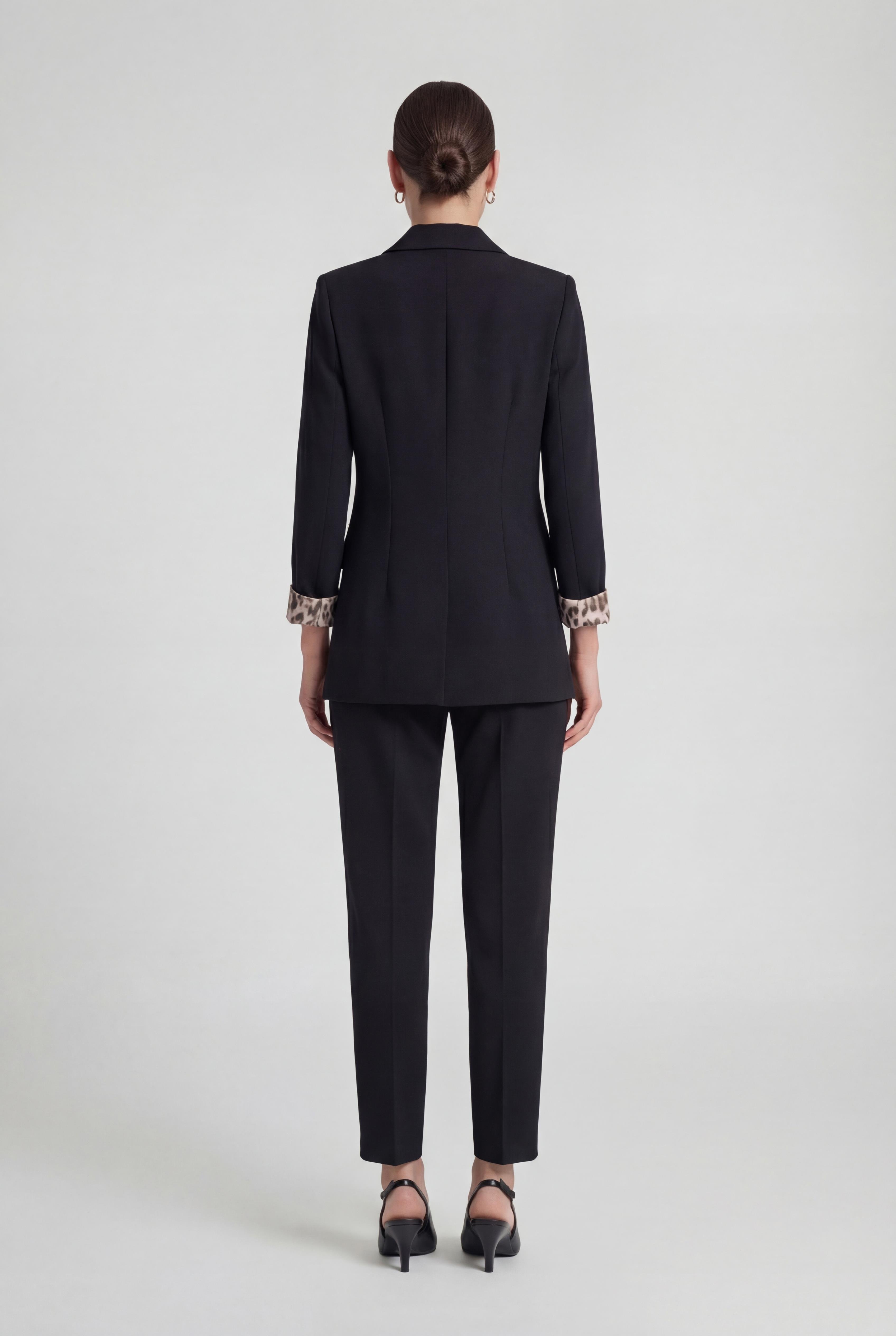 Siyah-ML58029 Leopar Astarlı Kruvaze Blazer
