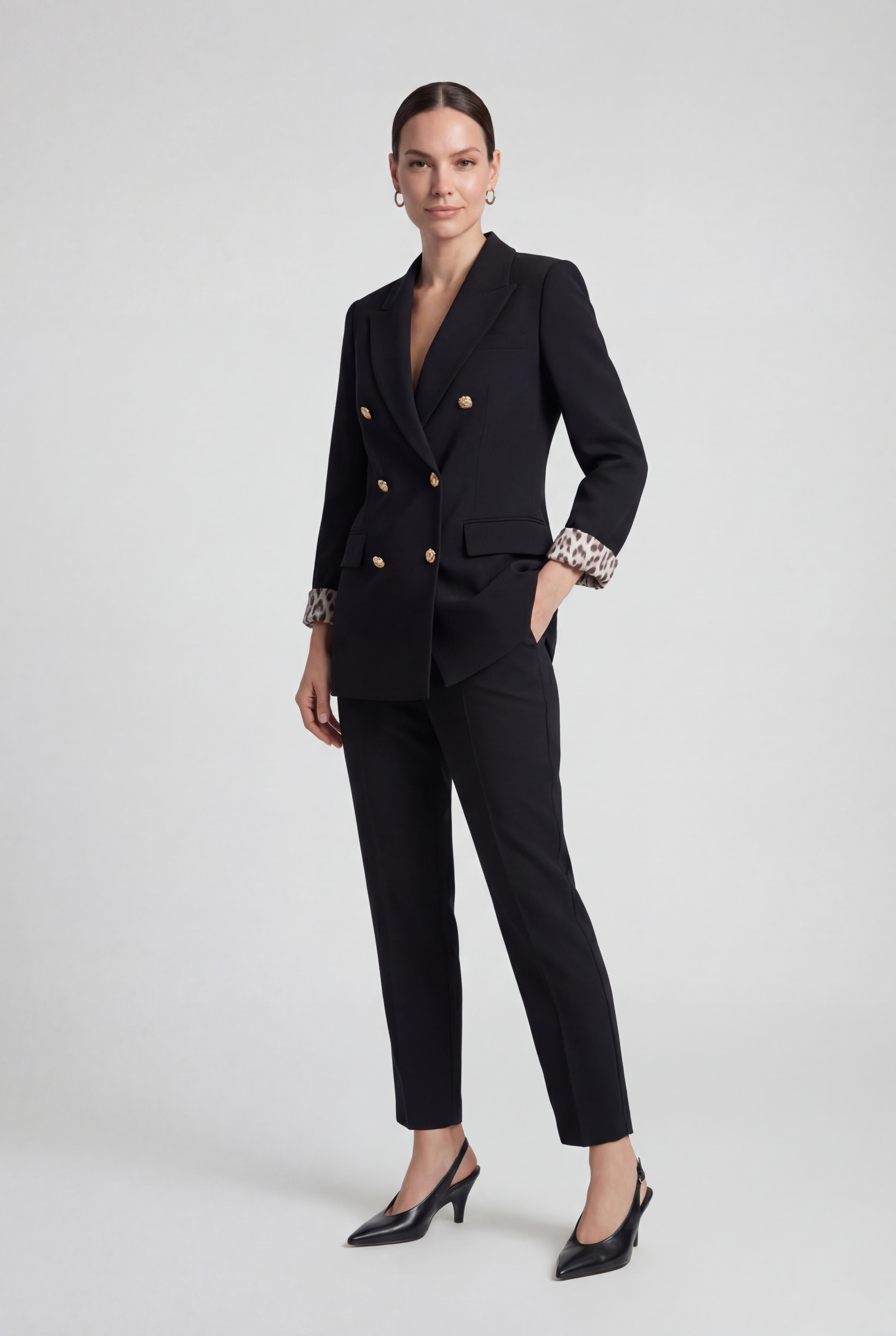 Siyah-ML58029 Leopar Astarlı Kruvaze Blazer