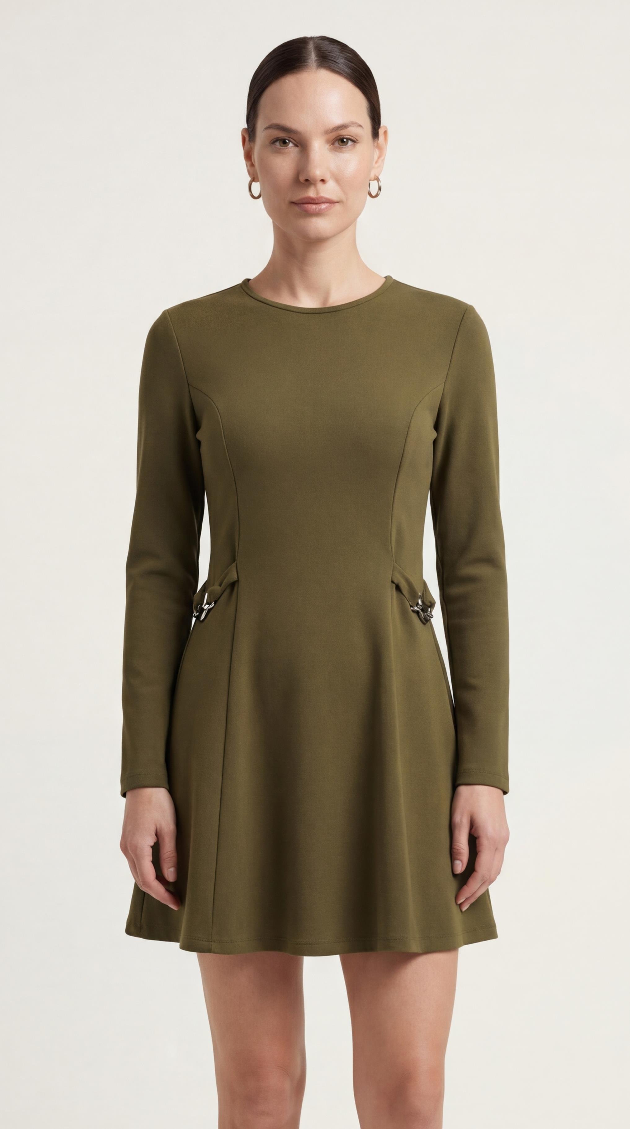 Yeşil-ML18015 Beli Toka Detaylı Örme Elbise