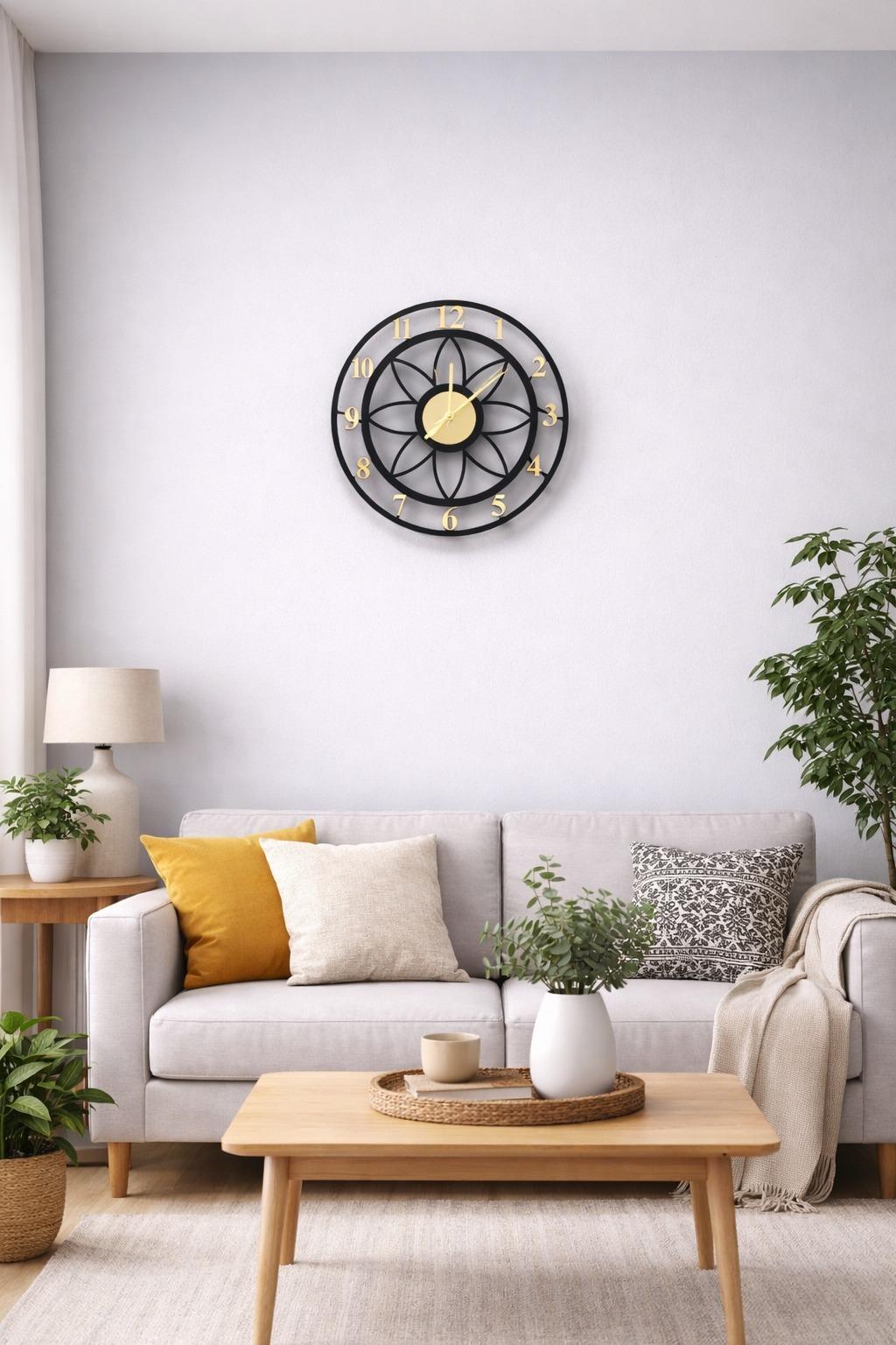 Floral Style Siyah-Gold Pleksi Dekoratif Duvar Saati - Sessiz Mekanizma