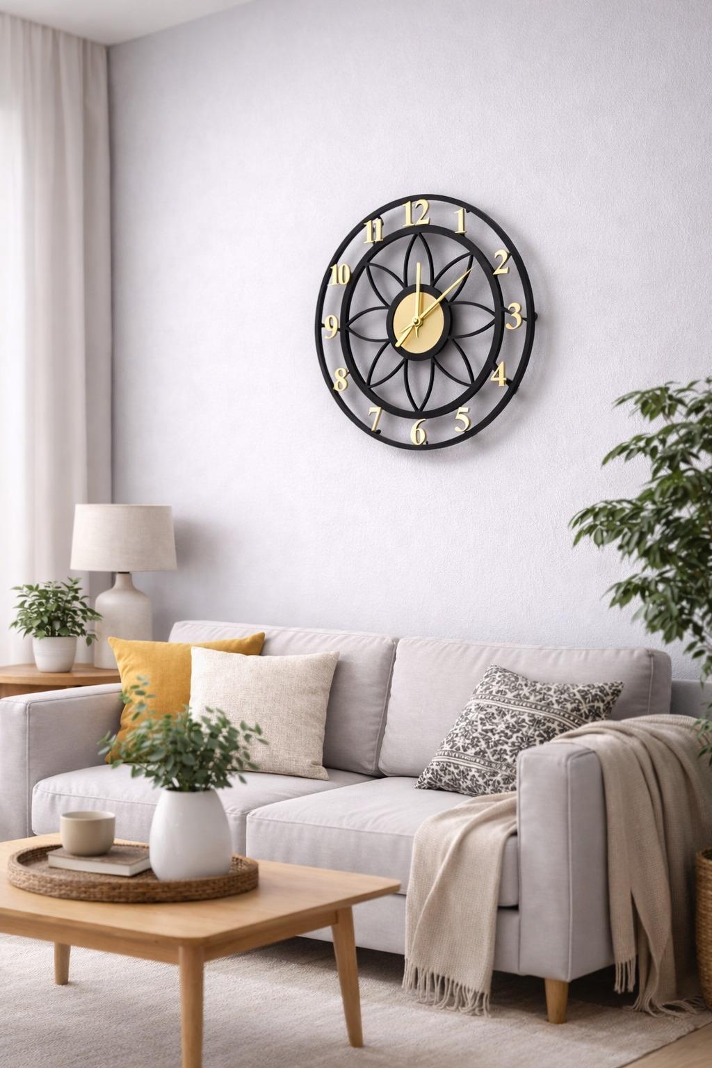 Floral Style Siyah-Gold Pleksi Dekoratif Duvar Saati - Sessiz Mekanizma