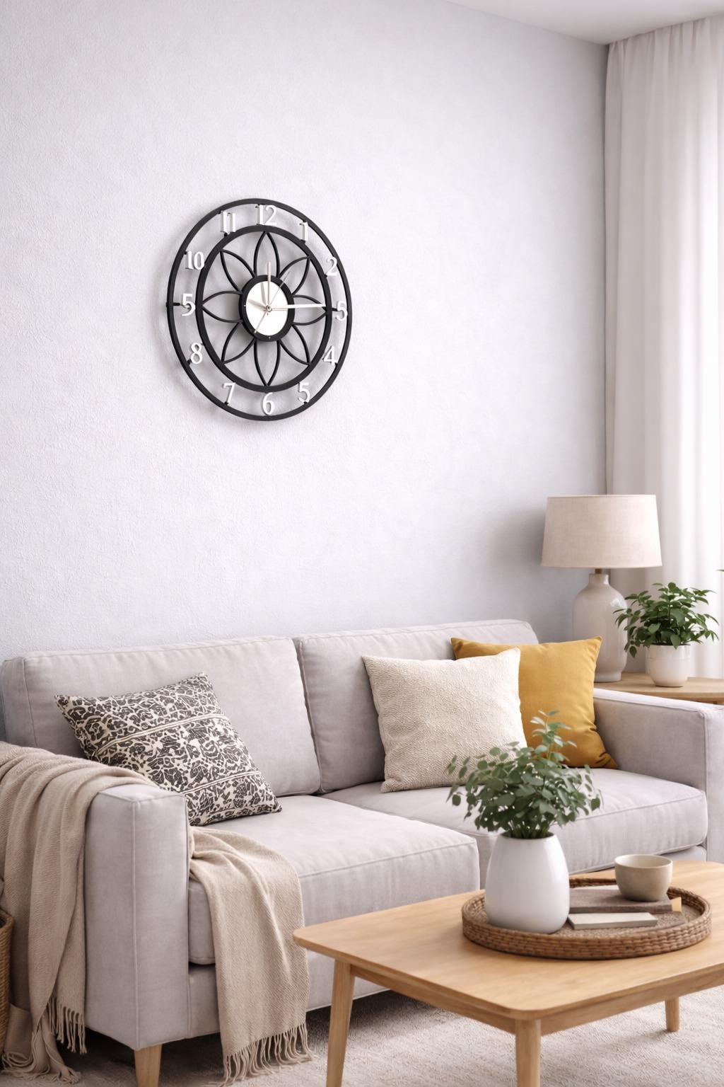 Floral Style Siyah-Gümüş Pleksi Dekoratif Duvar Saati - Sessiz Mekanizma