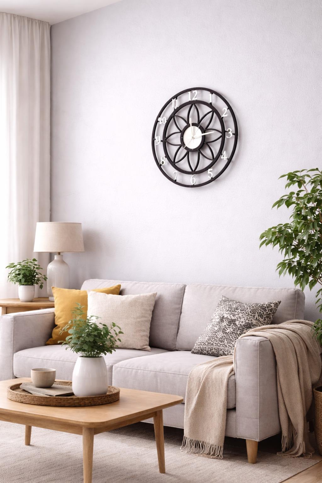 Floral Style Siyah-Gümüş Pleksi Dekoratif Duvar Saati - Sessiz Mekanizma