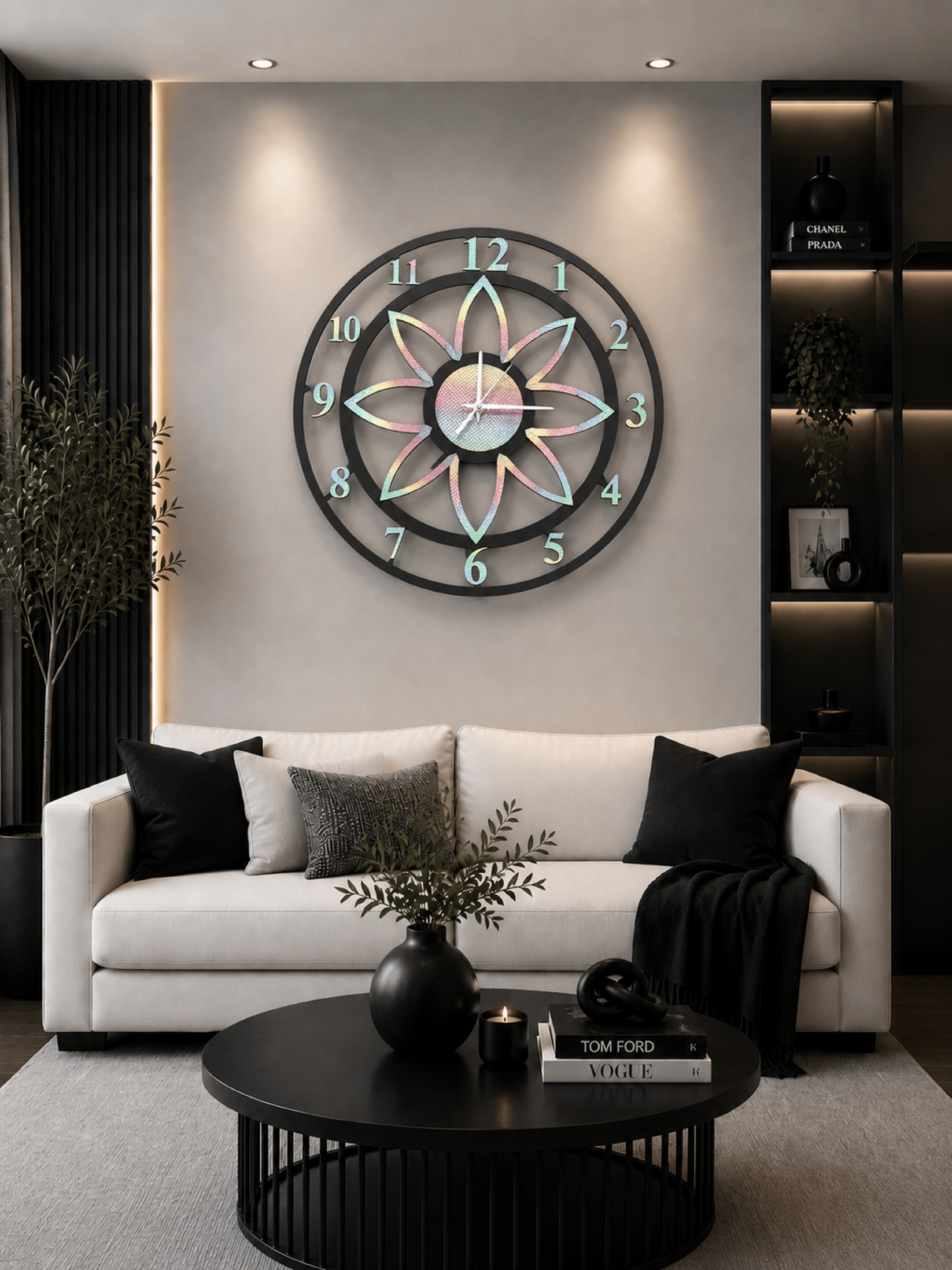 Floral Style Siyah-Rainbow Parıltılı Dekoratif Duvar Saati - Sessiz Mekanizma