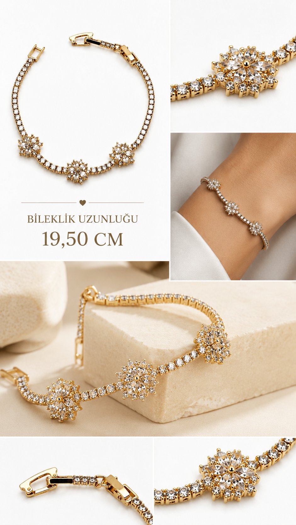 Kadın Gold Renk Taşlı Kar Tanesi Detaylı Şık Çelik Bileklik