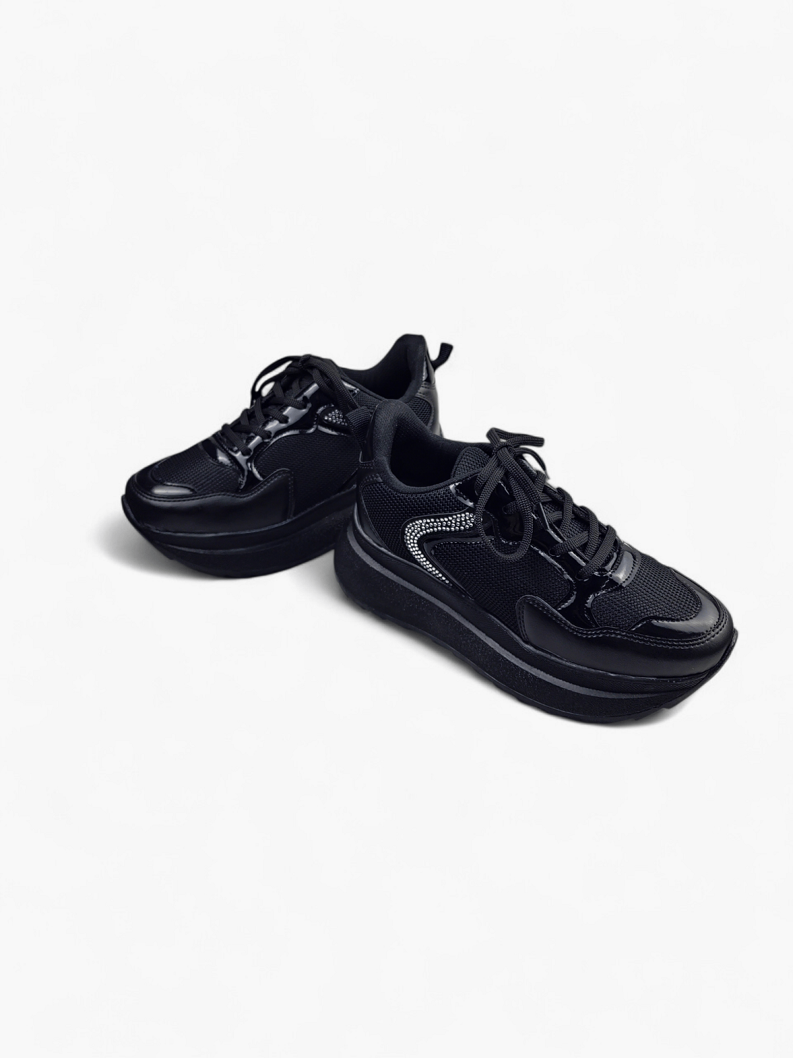 Kadın Siyah Taş Detaylı Kalın Taban Bağcıklı Sneaker Spor Ayakkabı