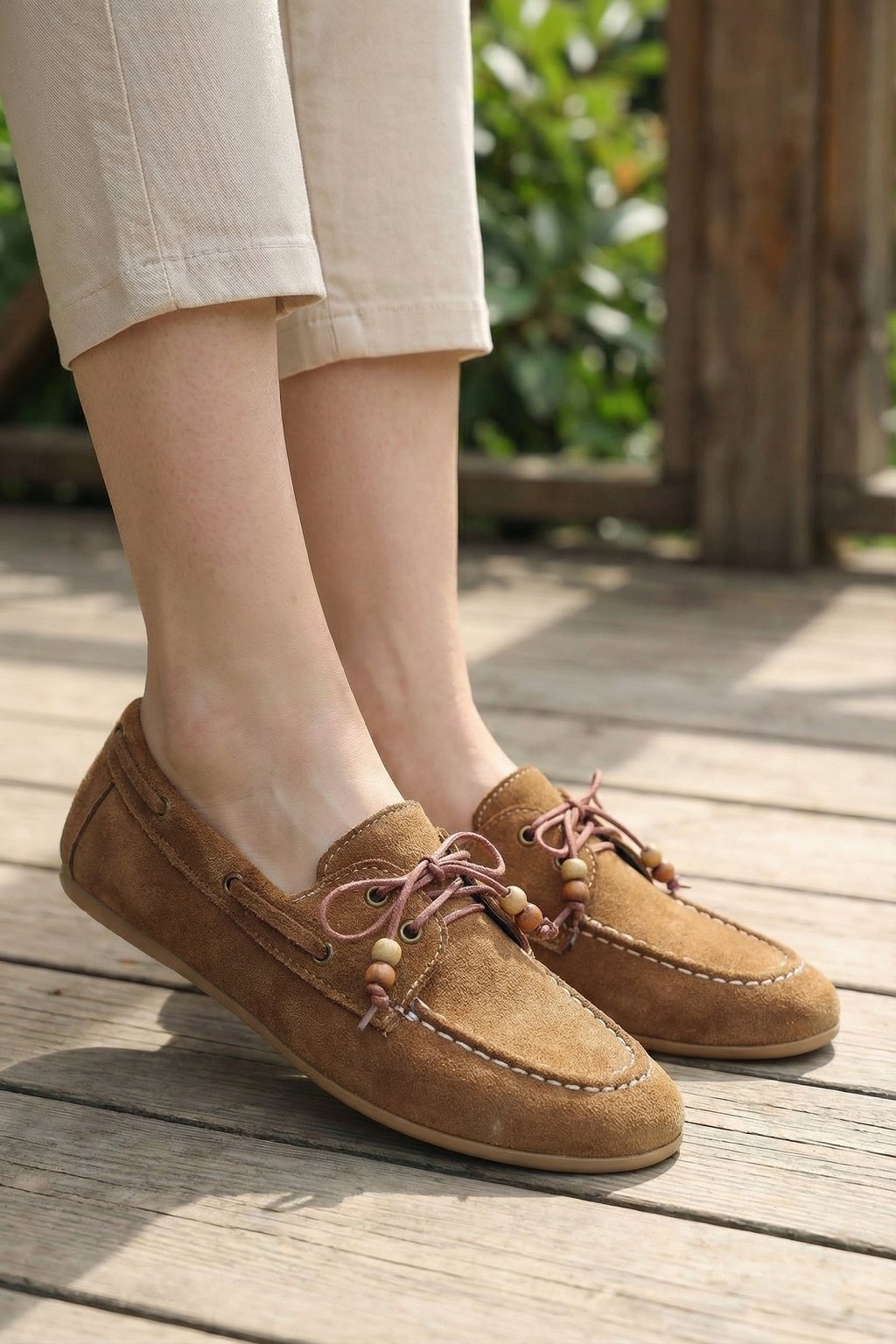 Kadın Taba Süet Görünümlü Bağcıklı Günlük Düz Loafer Ayakkabı