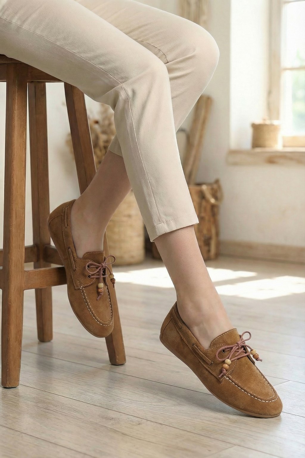 Kadın Taba Süet Görünümlü Bağcıklı Günlük Düz Loafer Ayakkabı