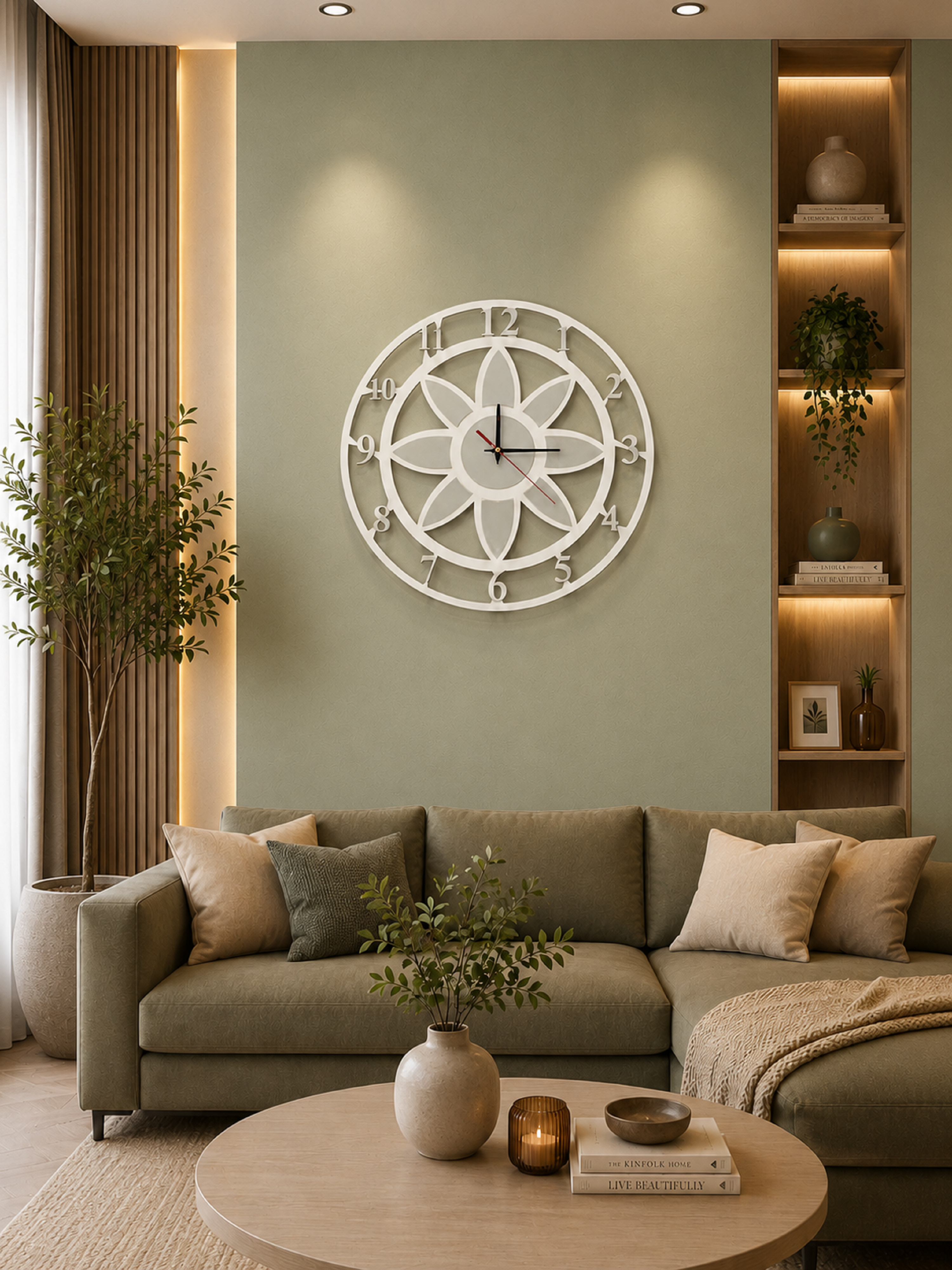 Modern Lotus Desenli Beyaz-Gümüş Dekoratif Duvar Saati - Sessiz Mekanizma