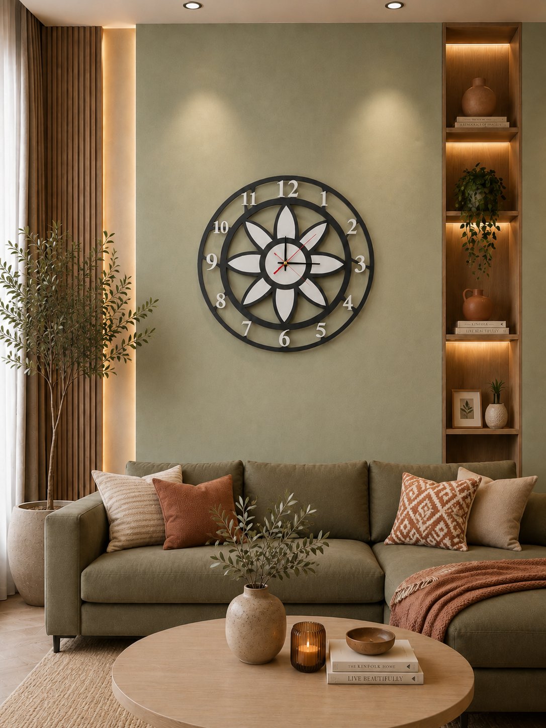 Modern Lotus Desenli Siyah-Gumus Dekoratif Duvar Saati - Sessiz Mekanizma