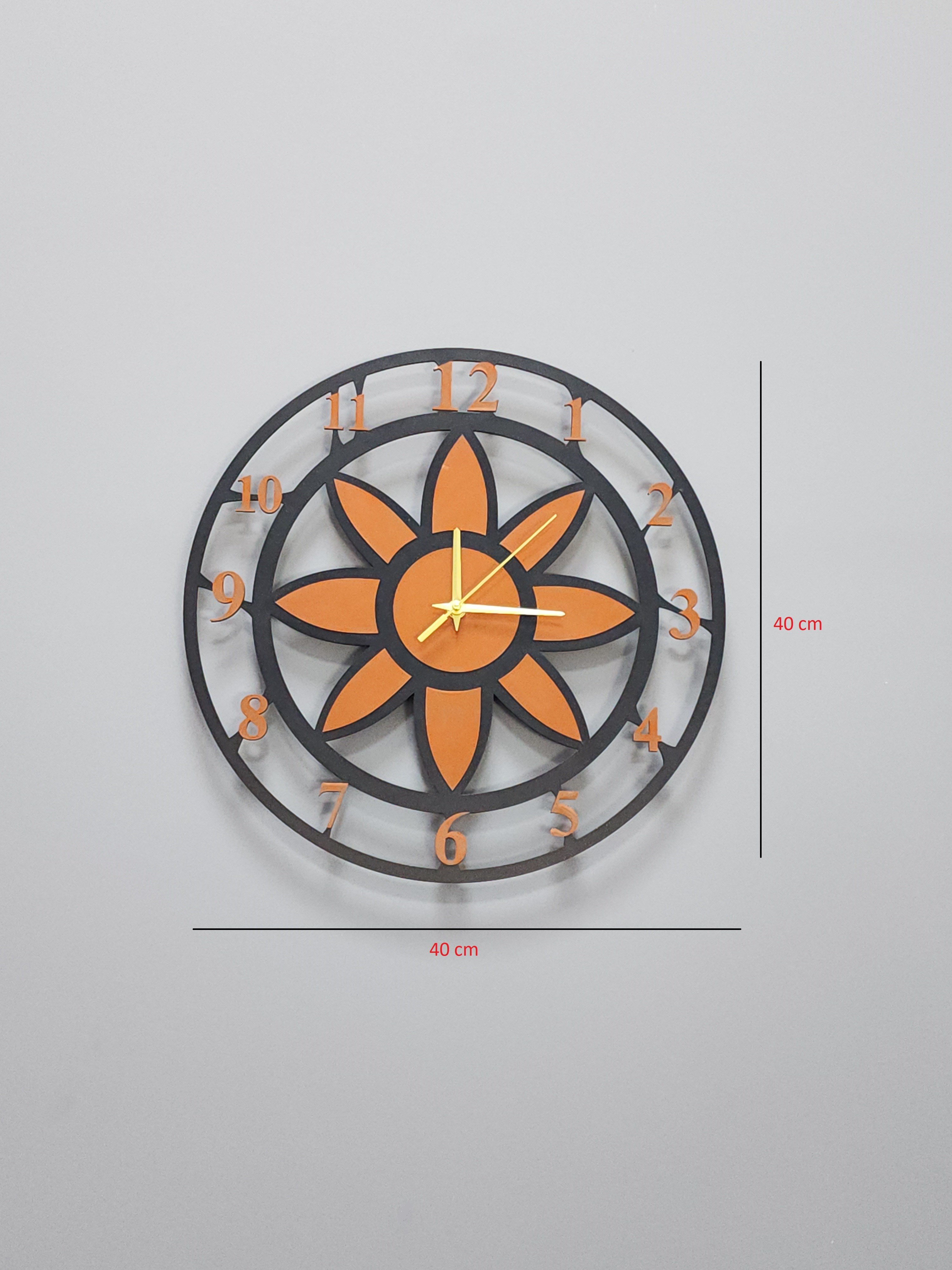 Modern Lotus Desenli Siyah-Taba Dekoratif Duvar Saati - Sessiz Mekanizma