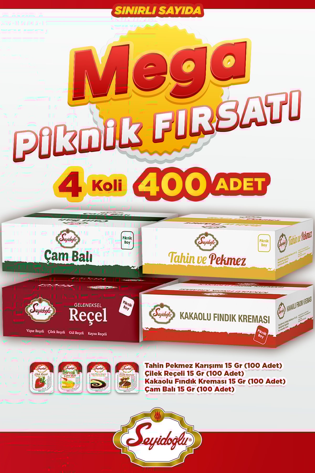Seyidoğlu Çam Balı, Fındık Kreması, Çilek Reçeli ve Tahin Pekmez 15 gr x100'lük Mini Paket Seti
