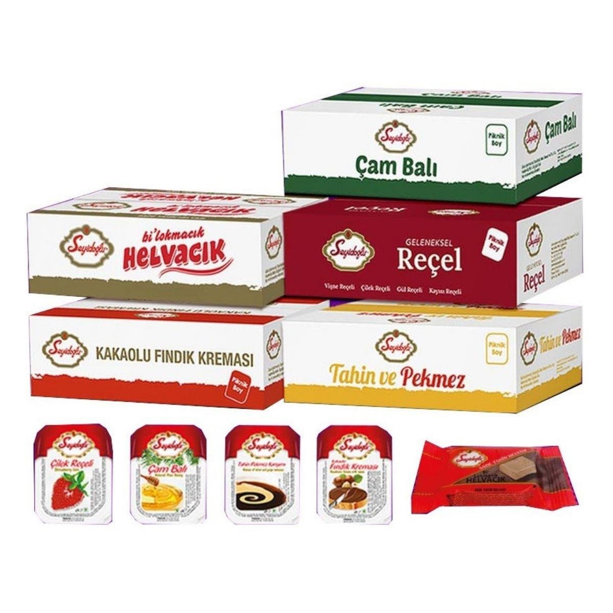 Seyidoğlu Kahvaltılık Mini Paket Seti – Çam Balı, Fındık Kreması, Çilek Reçeli, Tahin Helva, Tahin Pekmez