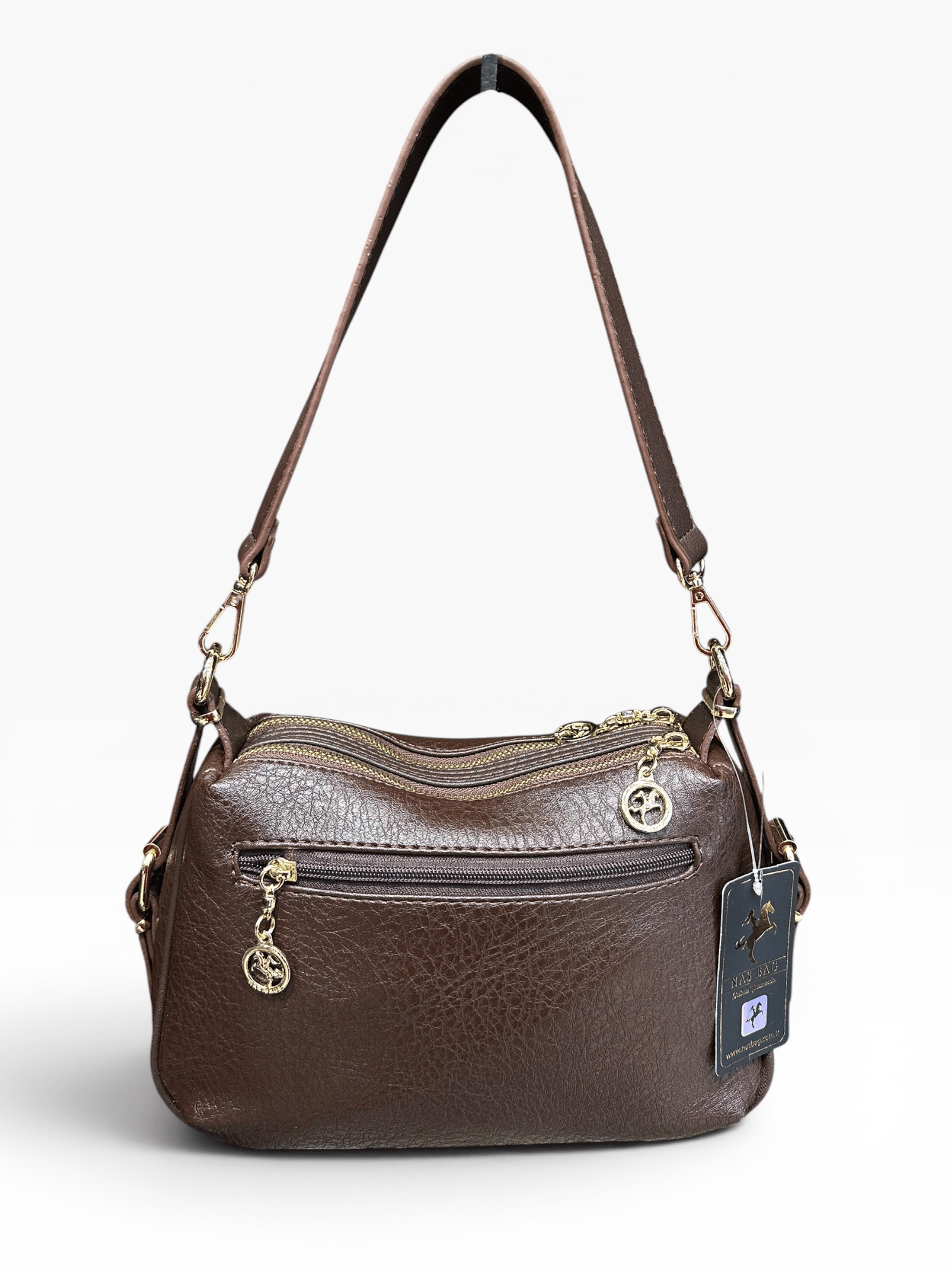 Nas Bag Hem Omuz Hem Postacı Çift Askılı Yumuşak Dokulu, Kadın Çantası Kahve