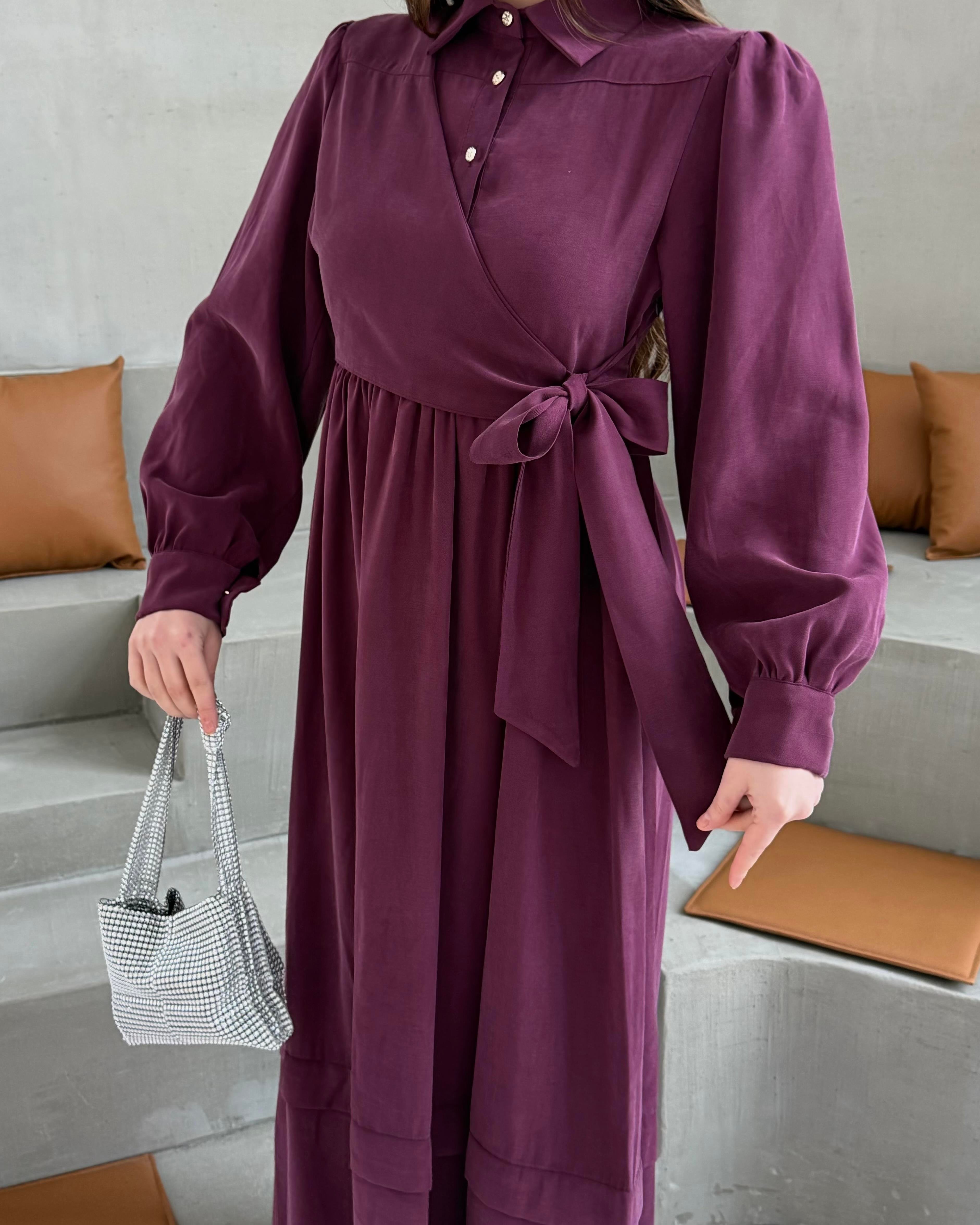 SL4208 - YANDAN BAĞLAMALI ELBİSE - MÜRDÜM