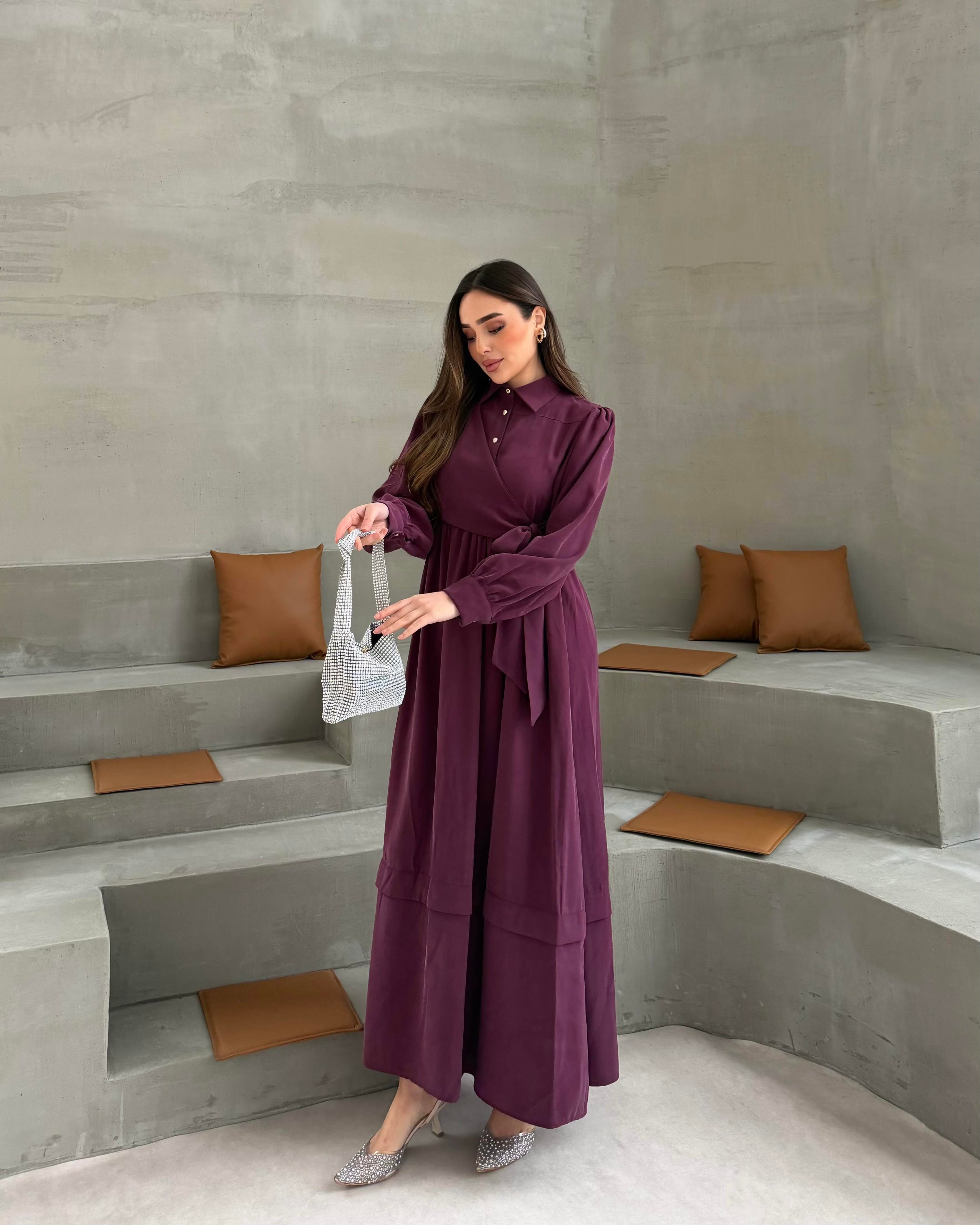 SL4208 - YANDAN BAĞLAMALI ELBİSE - MÜRDÜM
