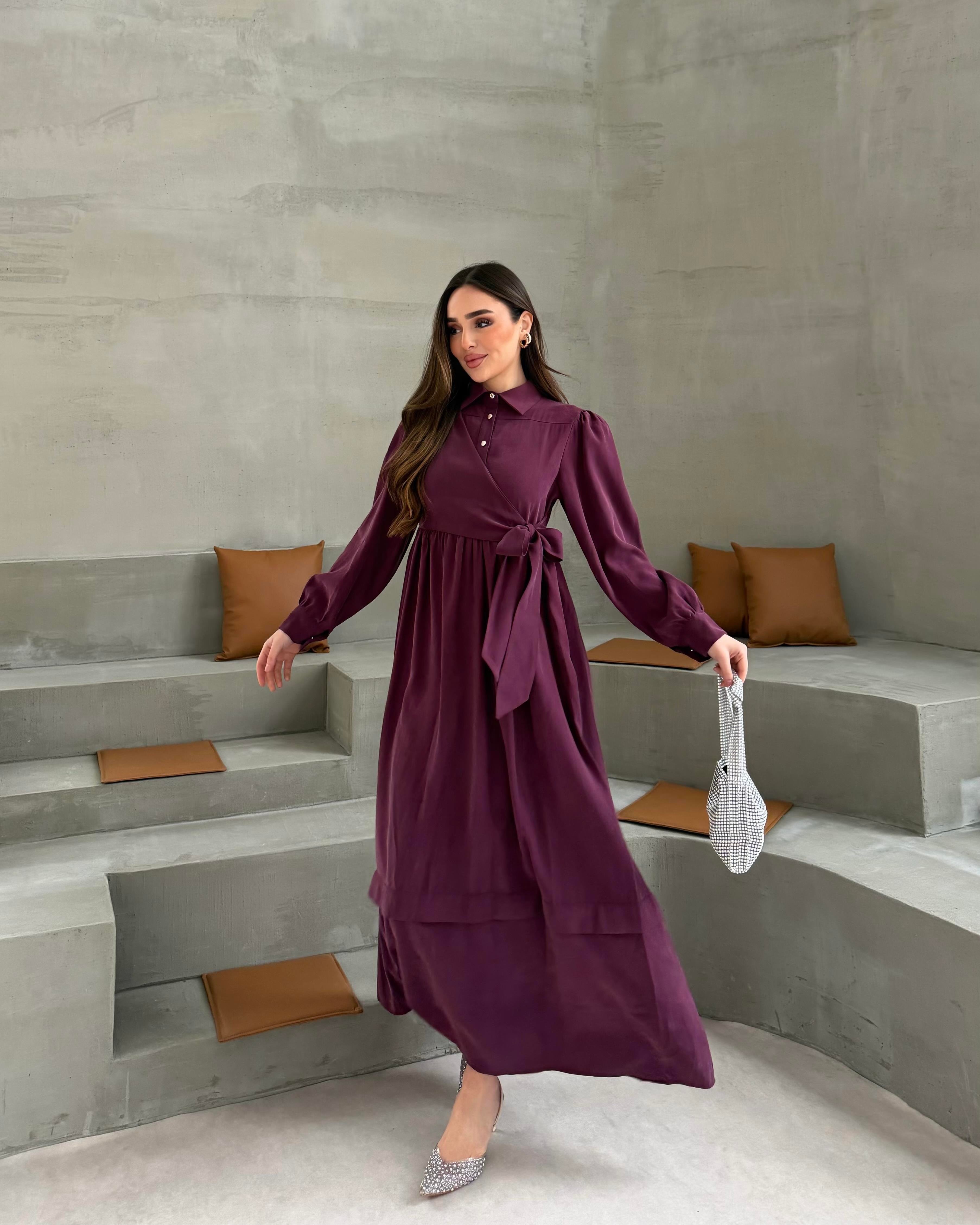 SL4208 - YANDAN BAĞLAMALI ELBİSE - MÜRDÜM