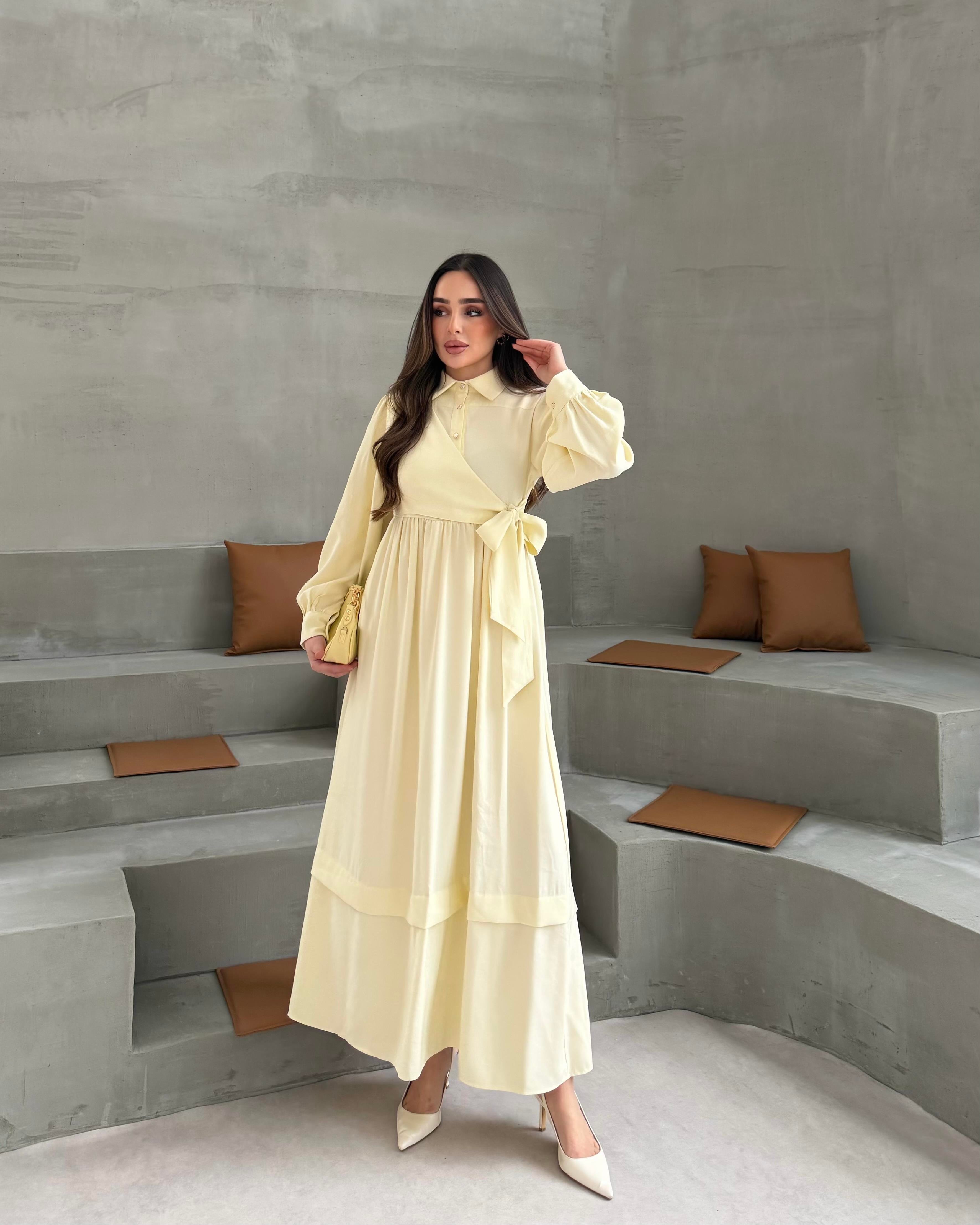 SL4208 - YANDAN BAĞLAMALI ELBİSE - PASTEL SARI