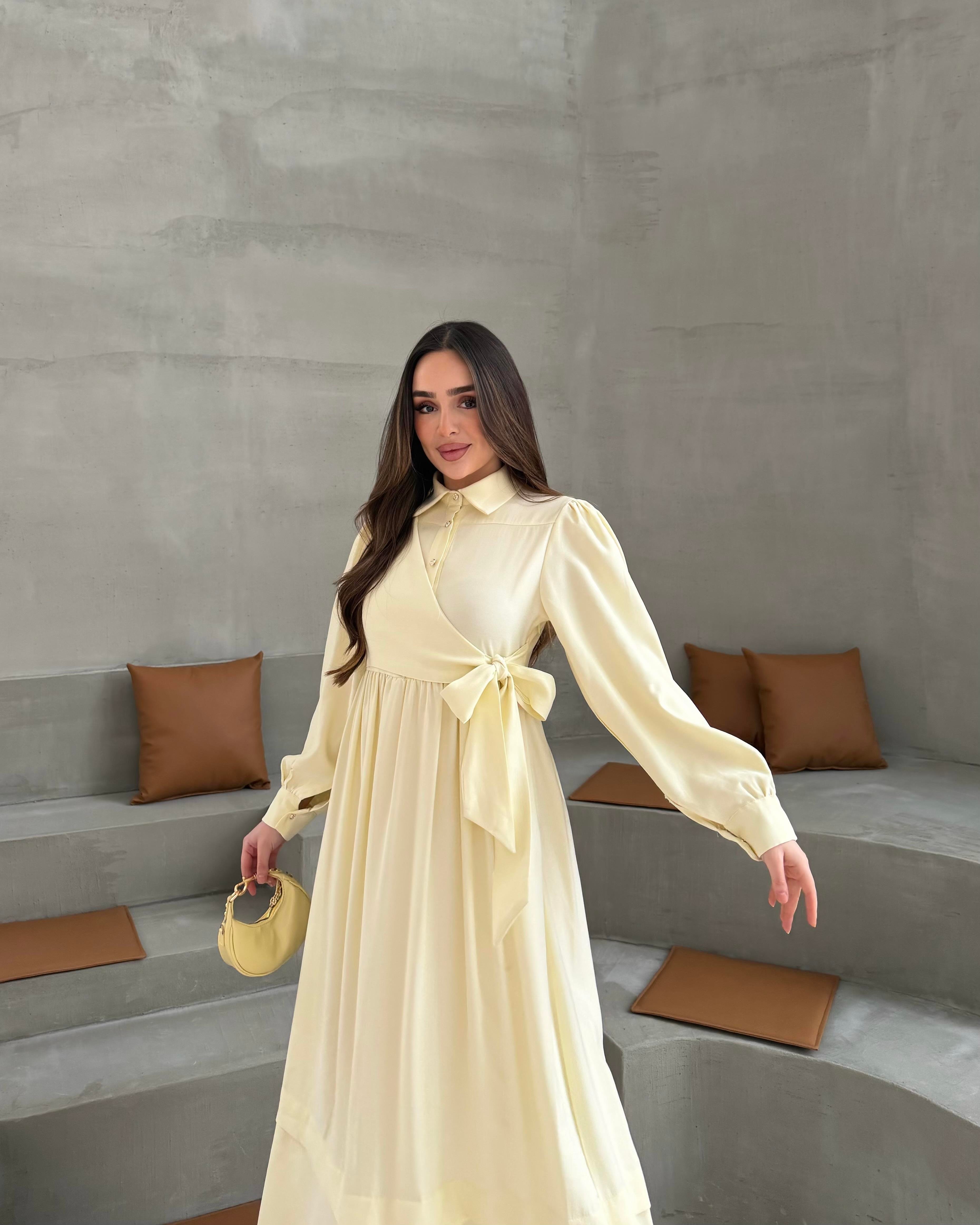 SL4208 - YANDAN BAĞLAMALI ELBİSE - PASTEL SARI