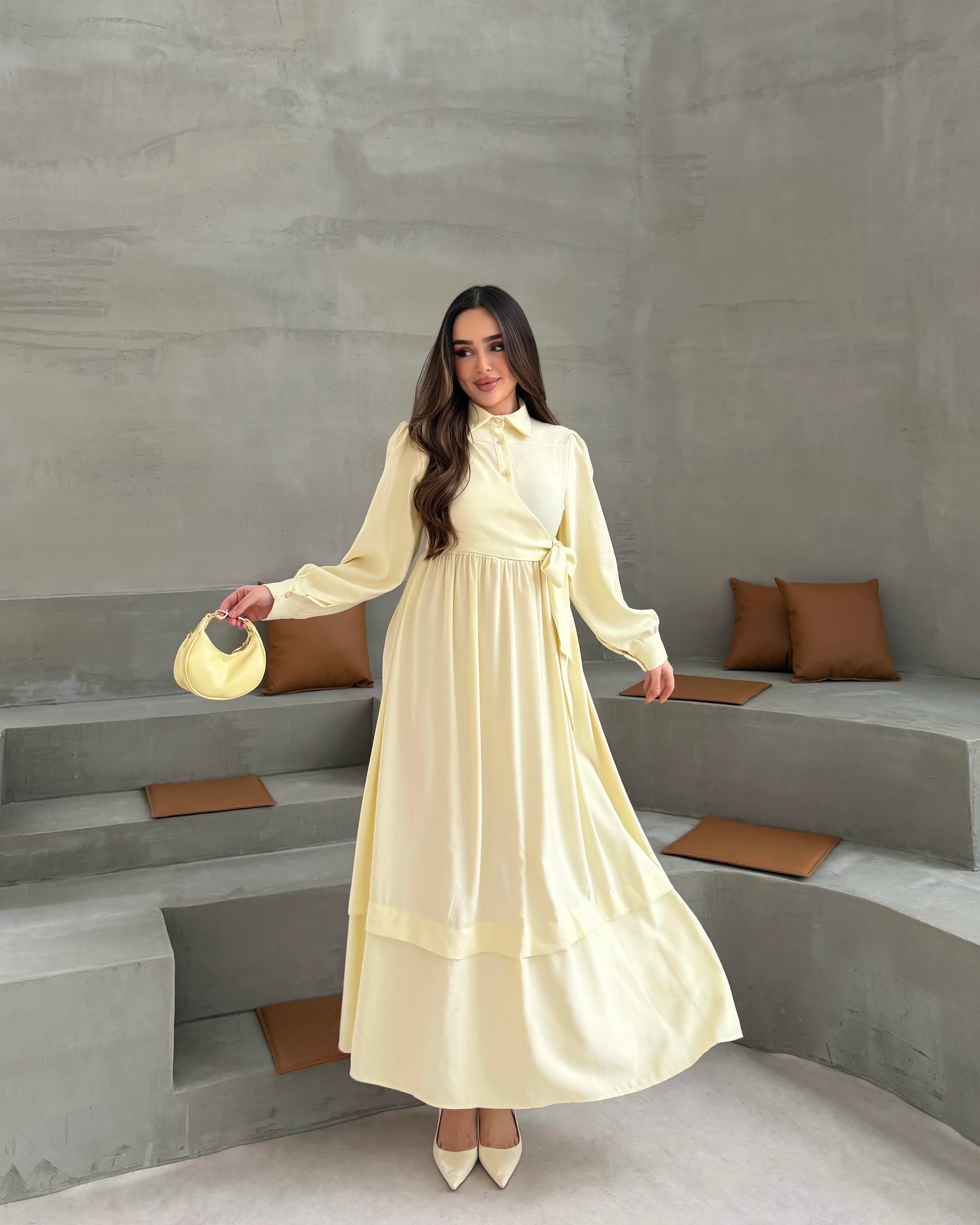 SL4208 - YANDAN BAĞLAMALI ELBİSE - PASTEL SARI