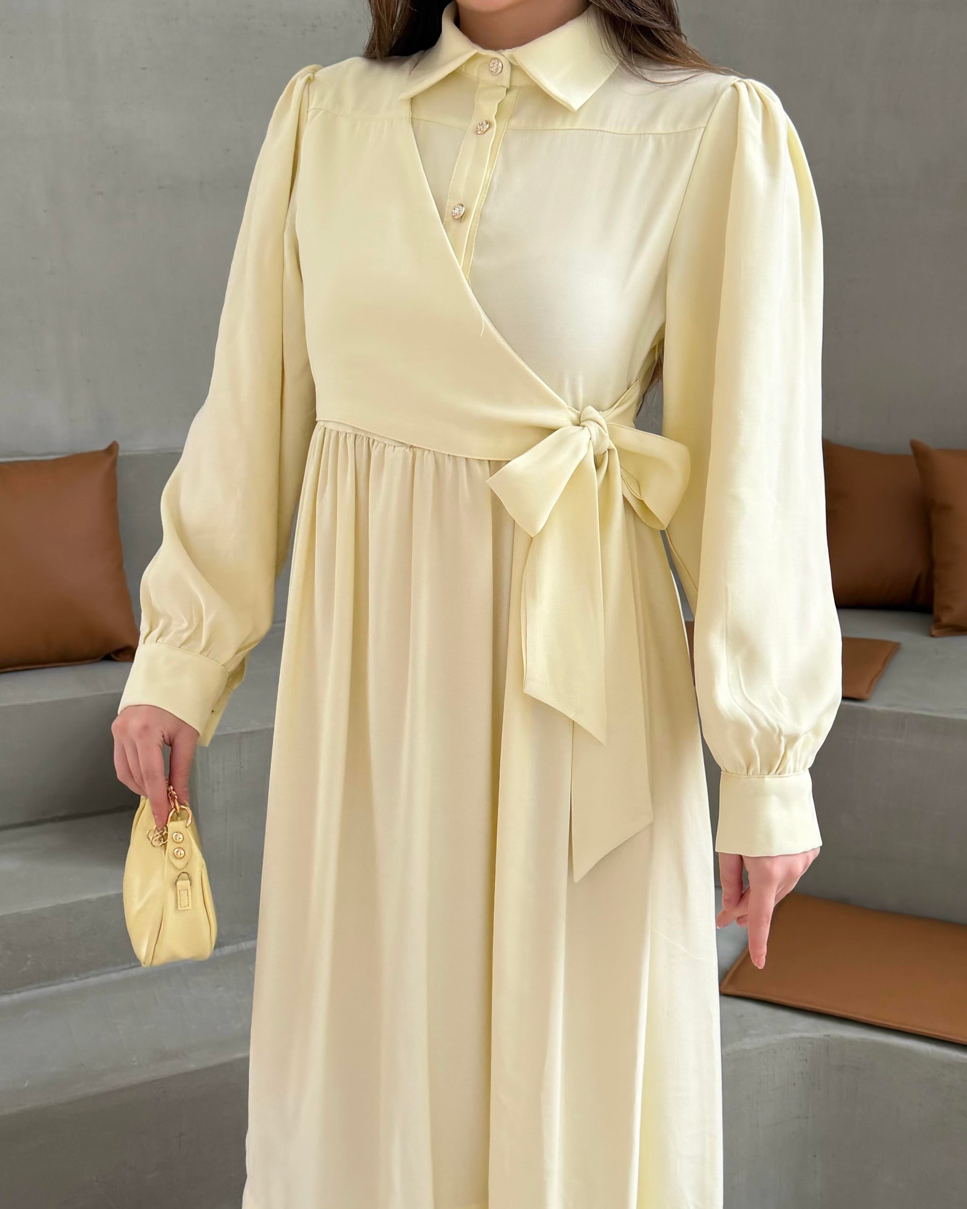 SL4208 - YANDAN BAĞLAMALI ELBİSE - PASTEL SARI