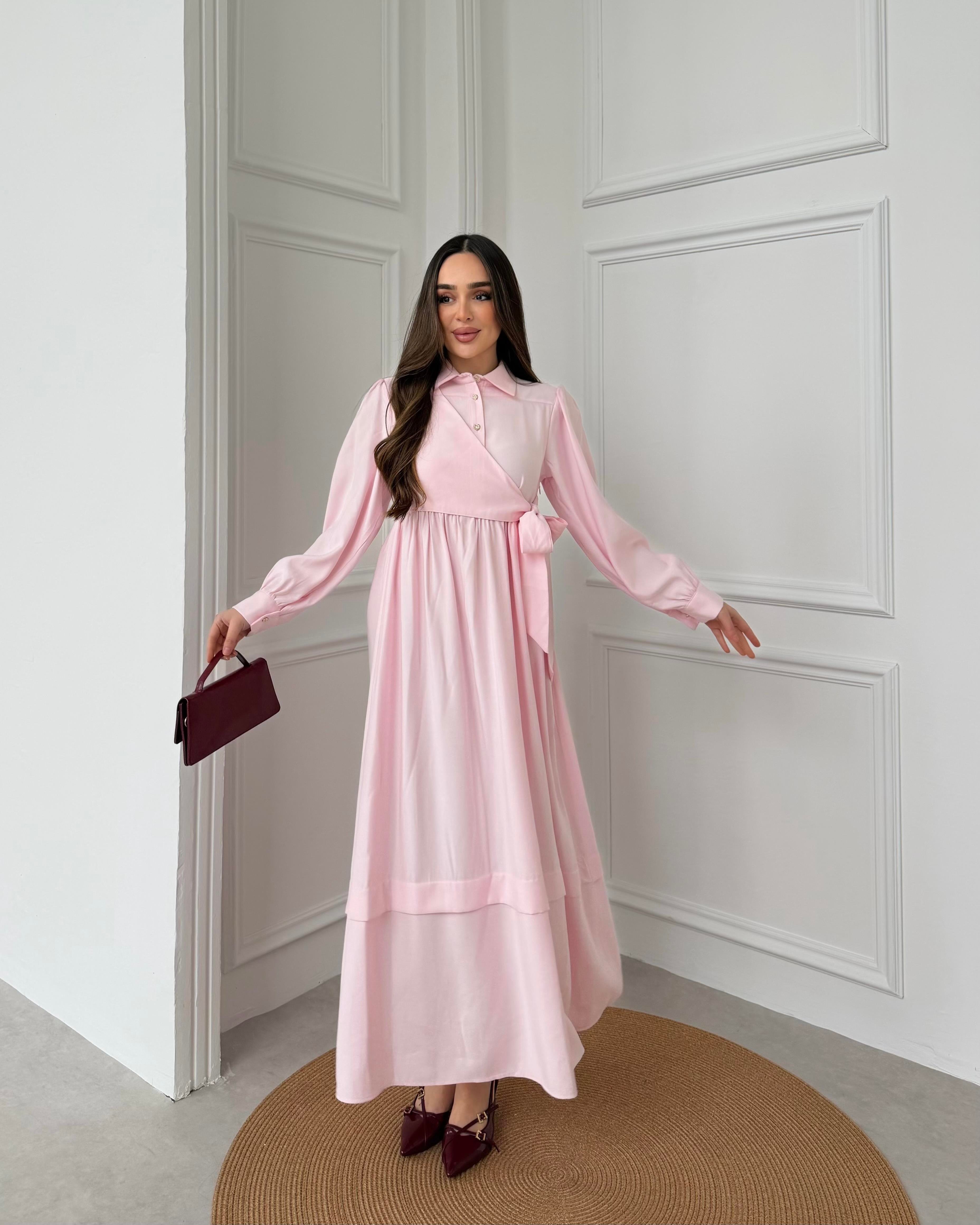 SL4208 - YANDAN BAĞLAMALI ELBİSE - PUDRA PEMBE