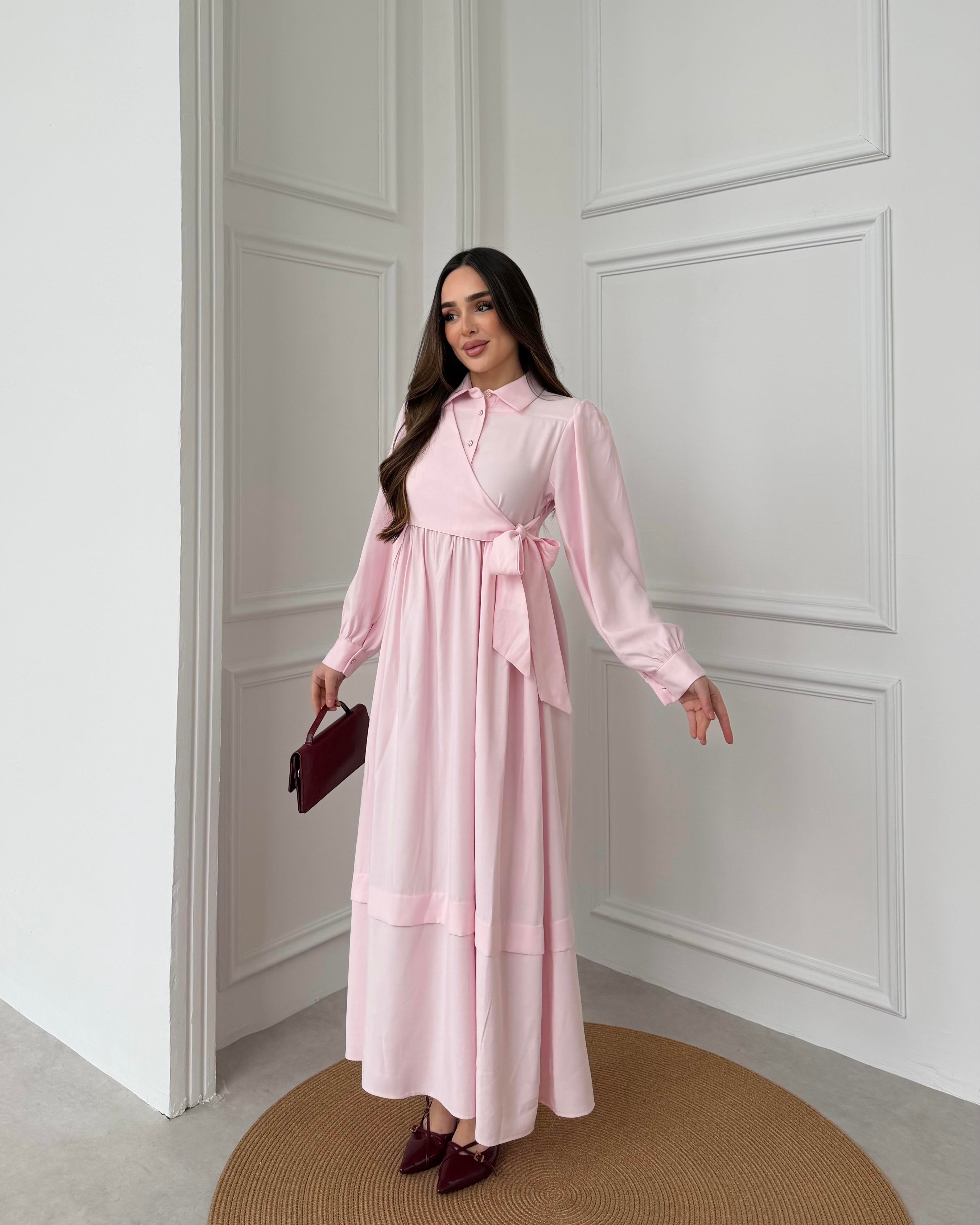 SL4208 - YANDAN BAĞLAMALI ELBİSE - PUDRA PEMBE