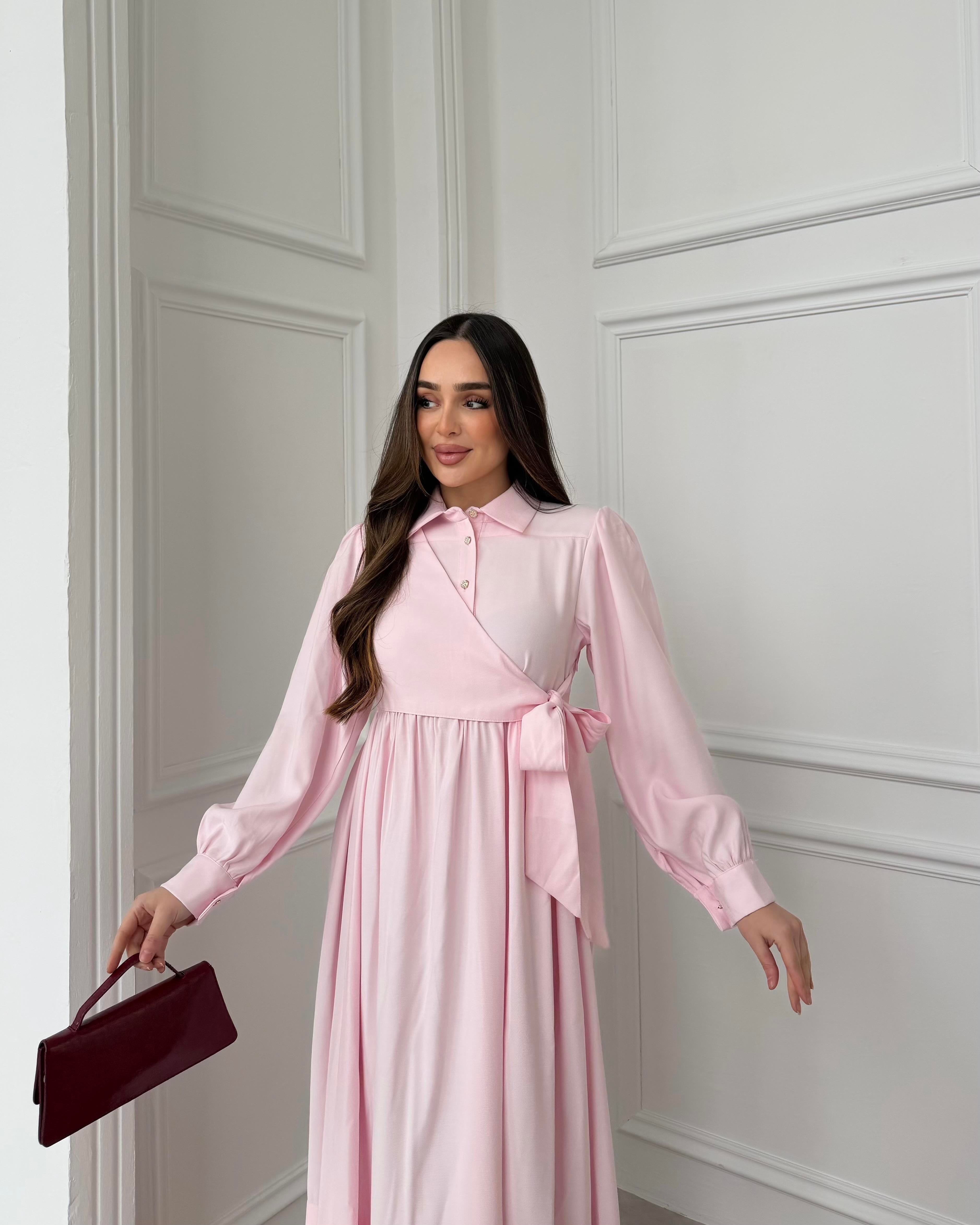 SL4208 - YANDAN BAĞLAMALI ELBİSE - PUDRA PEMBE