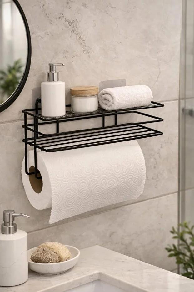 Yapışkanlı Raflı Kağıt Rulo Havluluk Peçetelik Havlu Kağıtlık Siyah Banyo Mutfak Düzenleyici Raf