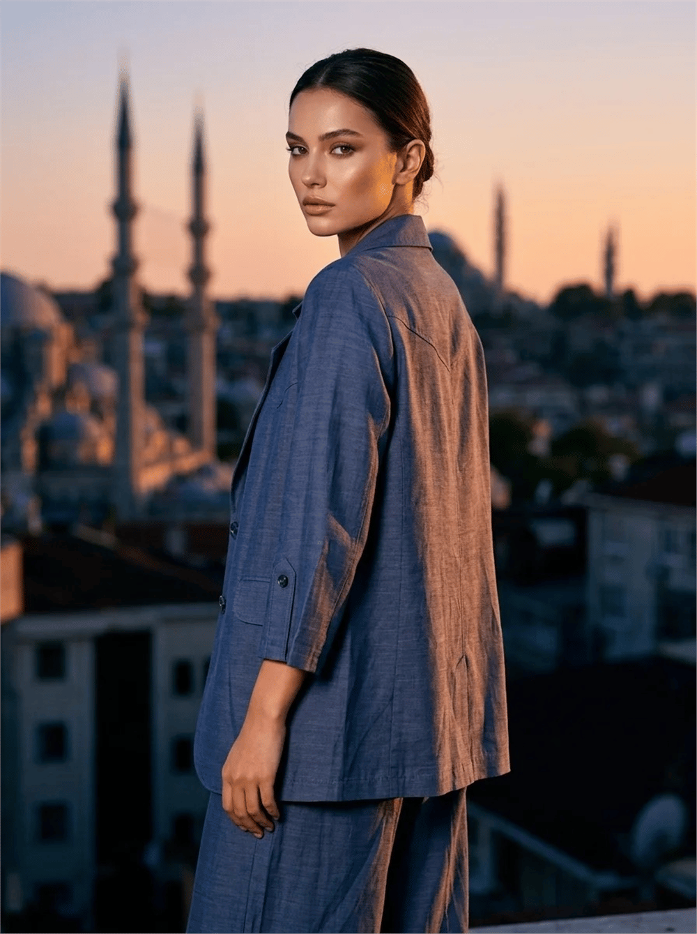 Nihle Kadın Dokuma Düz Ceket ve Yelek Mavi