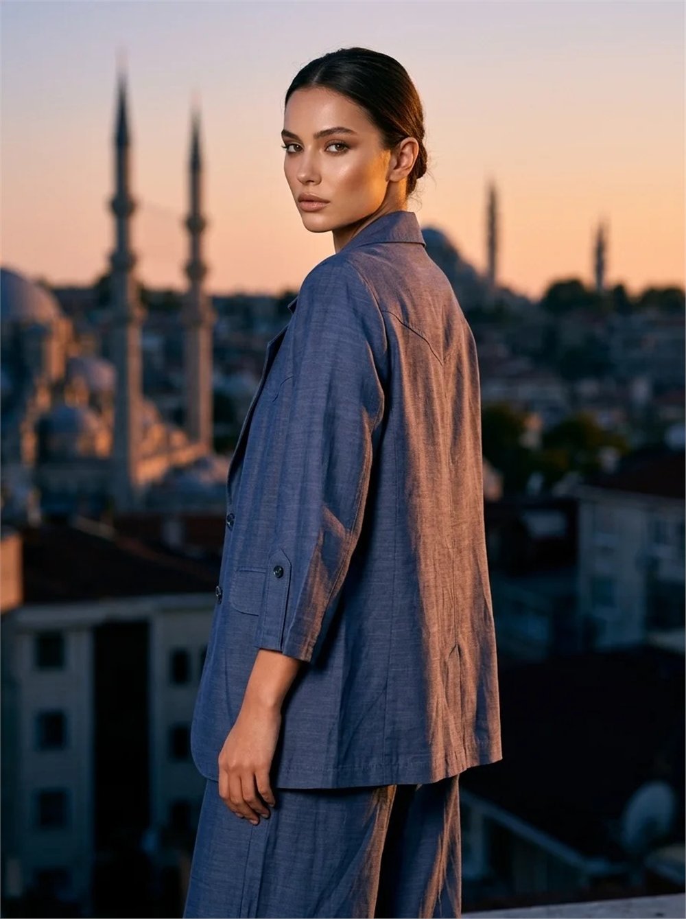 Nihle Kadın Dokuma Düz Ceket ve Yelek Mavi