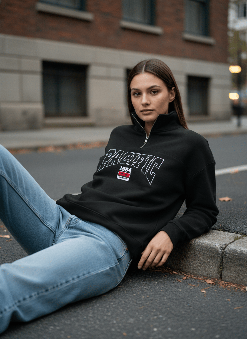 Oversize Pacific 1984 Baskılı Yarım Fermuarlı Siyah Sweatshirt