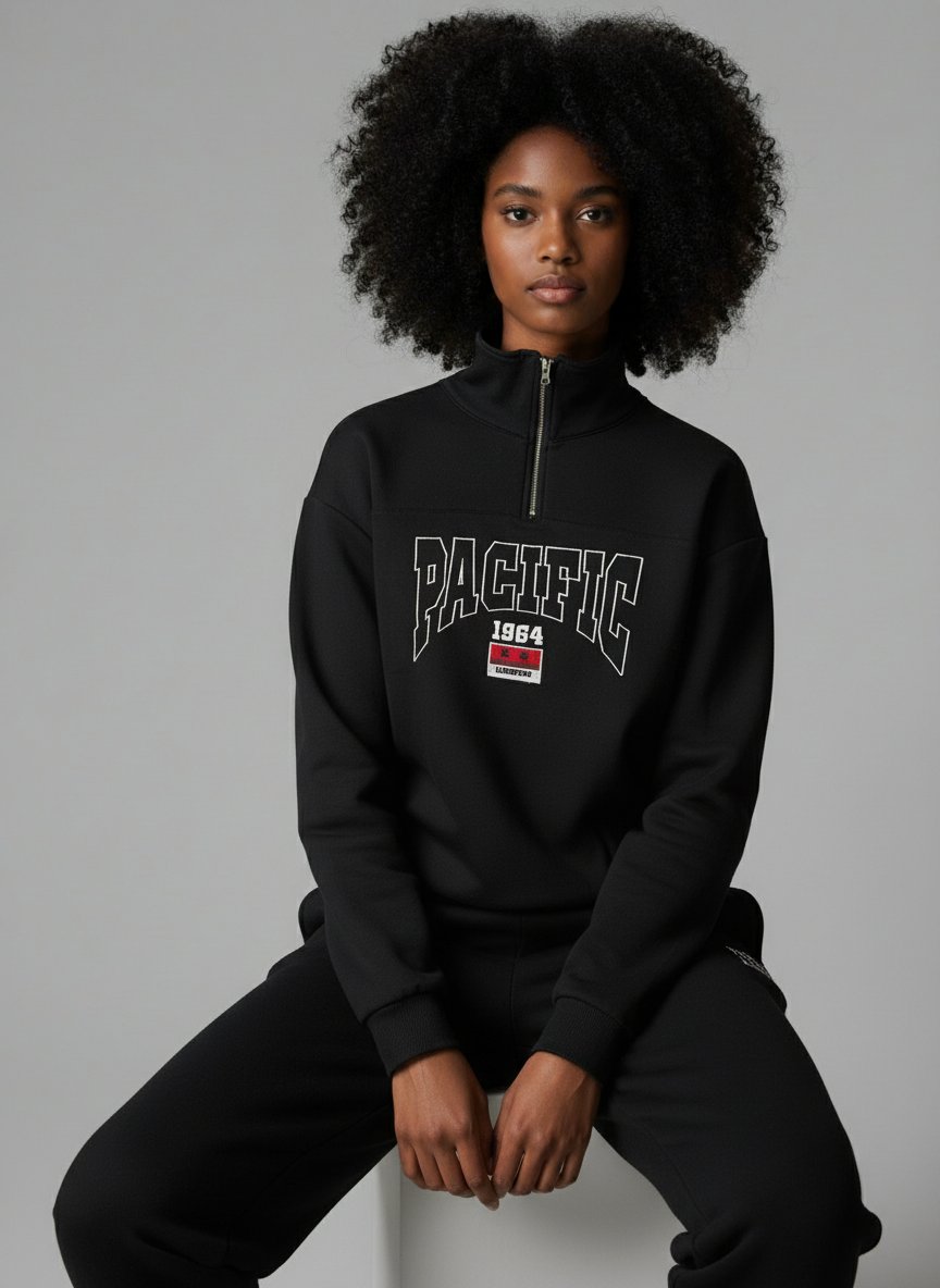Oversize Pacific 1984 Baskılı Yarım Fermuarlı Siyah Sweatshirt