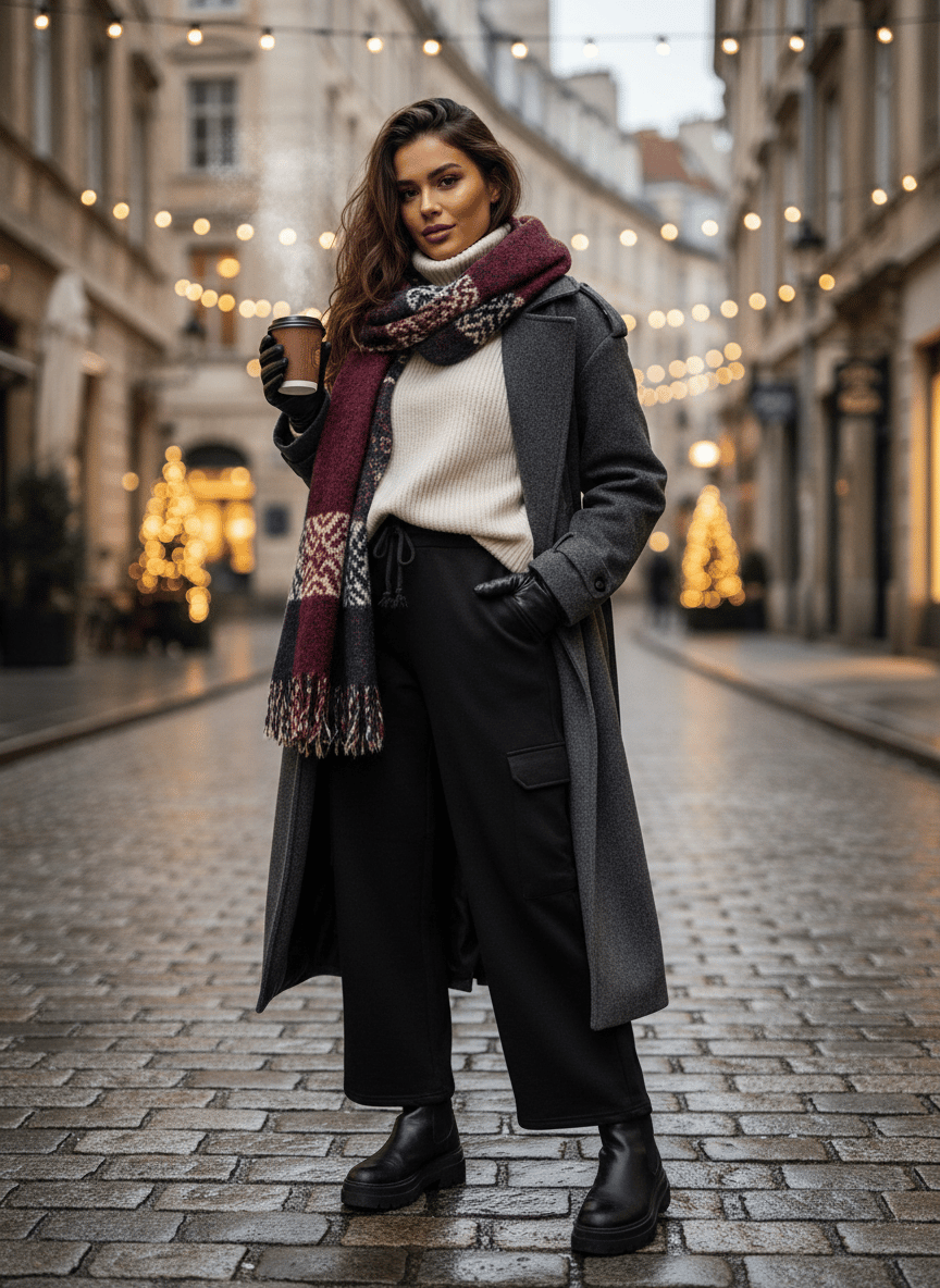 Siyah Wide Leg Fleece Kargo Cepli Rahat Eşofman Altı
