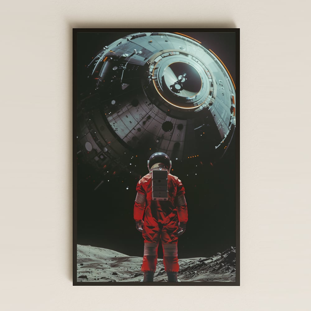 Ay Yüzeyinde Kırmızı Astronot ve Uzay Modülü Temalı Pleksi Tablo