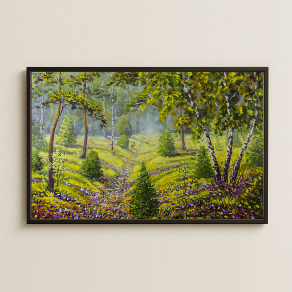 Çiçekli Orman Yolu ve Geyikler UV Baskılı Tablo