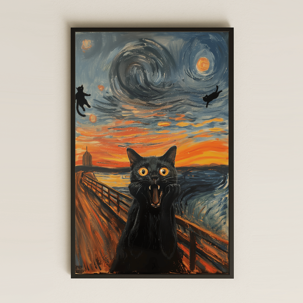 Çığlık Temalı Van Gogh Stili Komik Kedi Şeffaf Pleksi Tablo