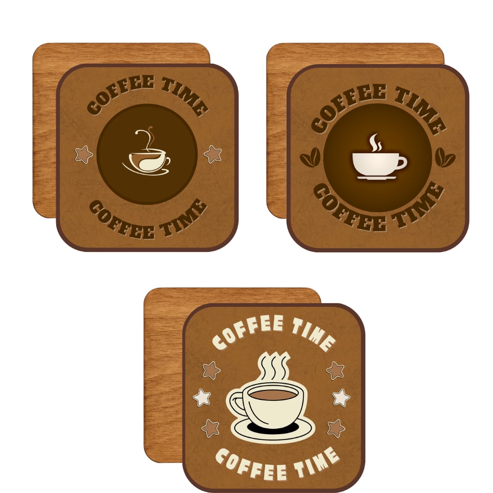 Coffee Time Desenli 6'lı Ahşap Bardak Altlığı