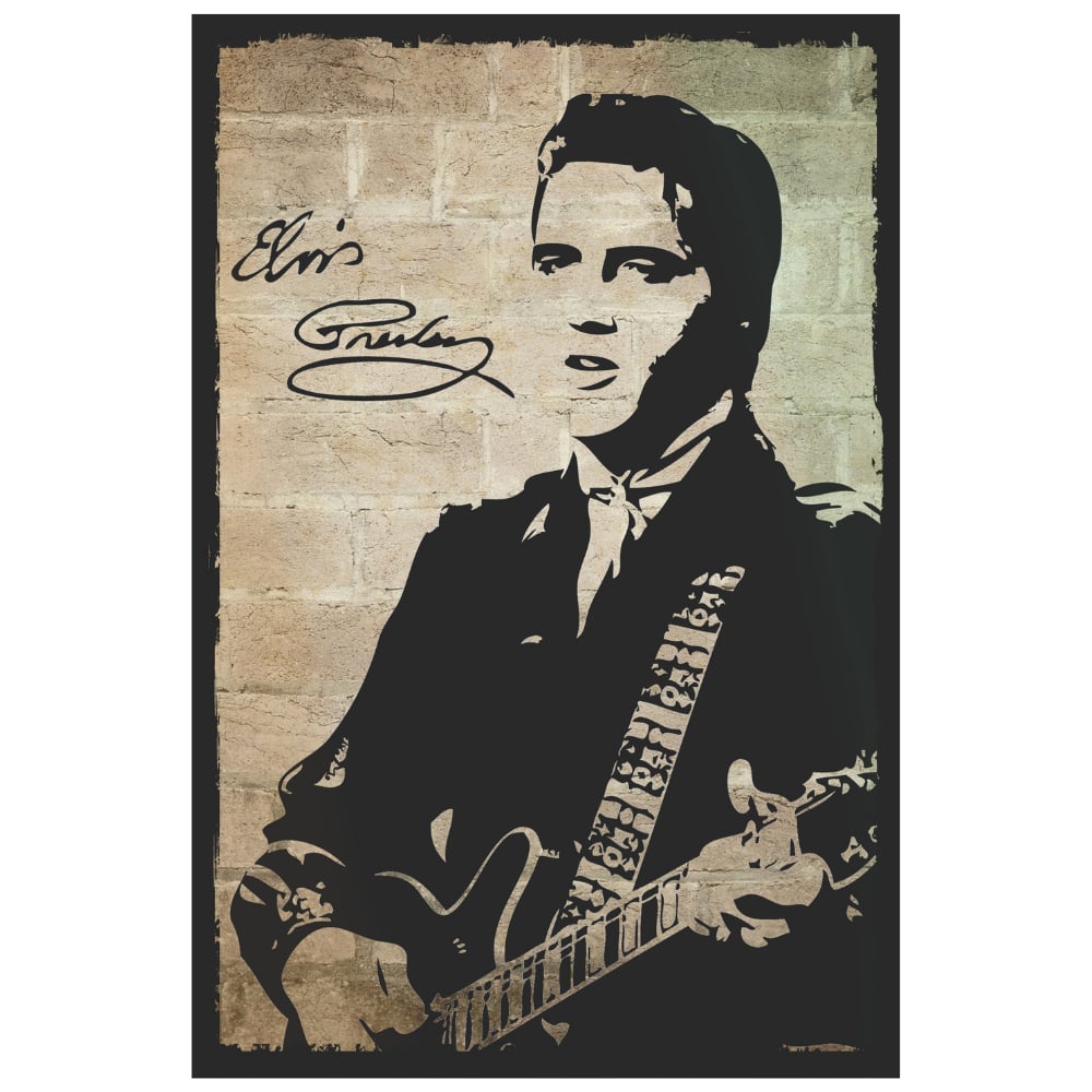 Elvis Presley Gitar Silüeti Taş Doku Retro Ahşap Tablo