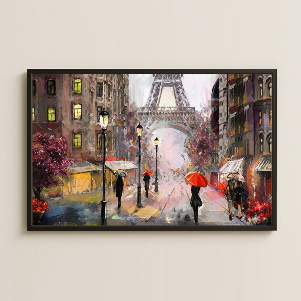 Eyfel Kulesi ve Şemsiyeli Paris Sokakları - UV Baskılı Tablo