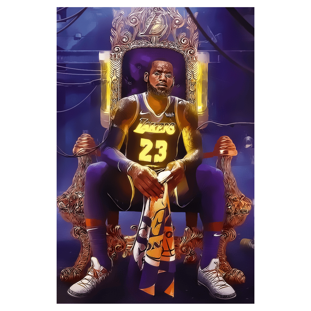 LeBron James Tahtta Oturan Lakers Portresi Retro Ahşap Tablo