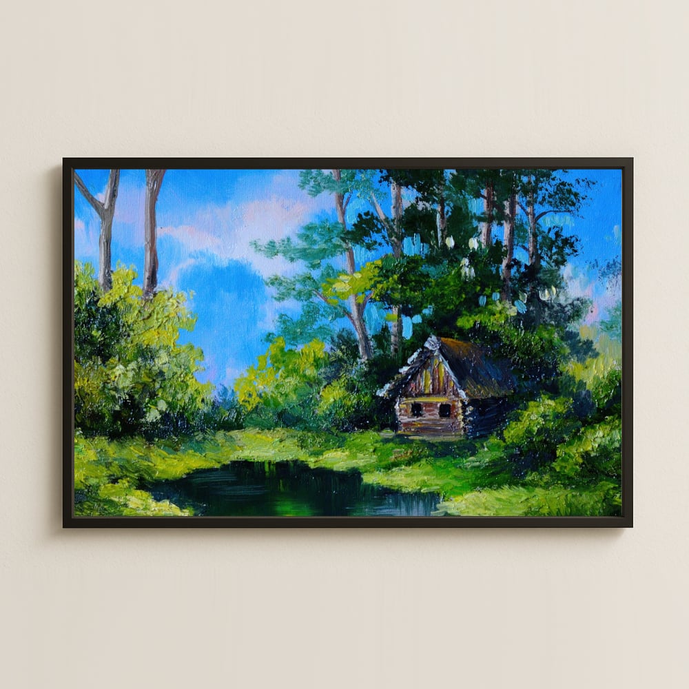 Orman İçinde Kulübe ve Göl UV Baskılı Tablo