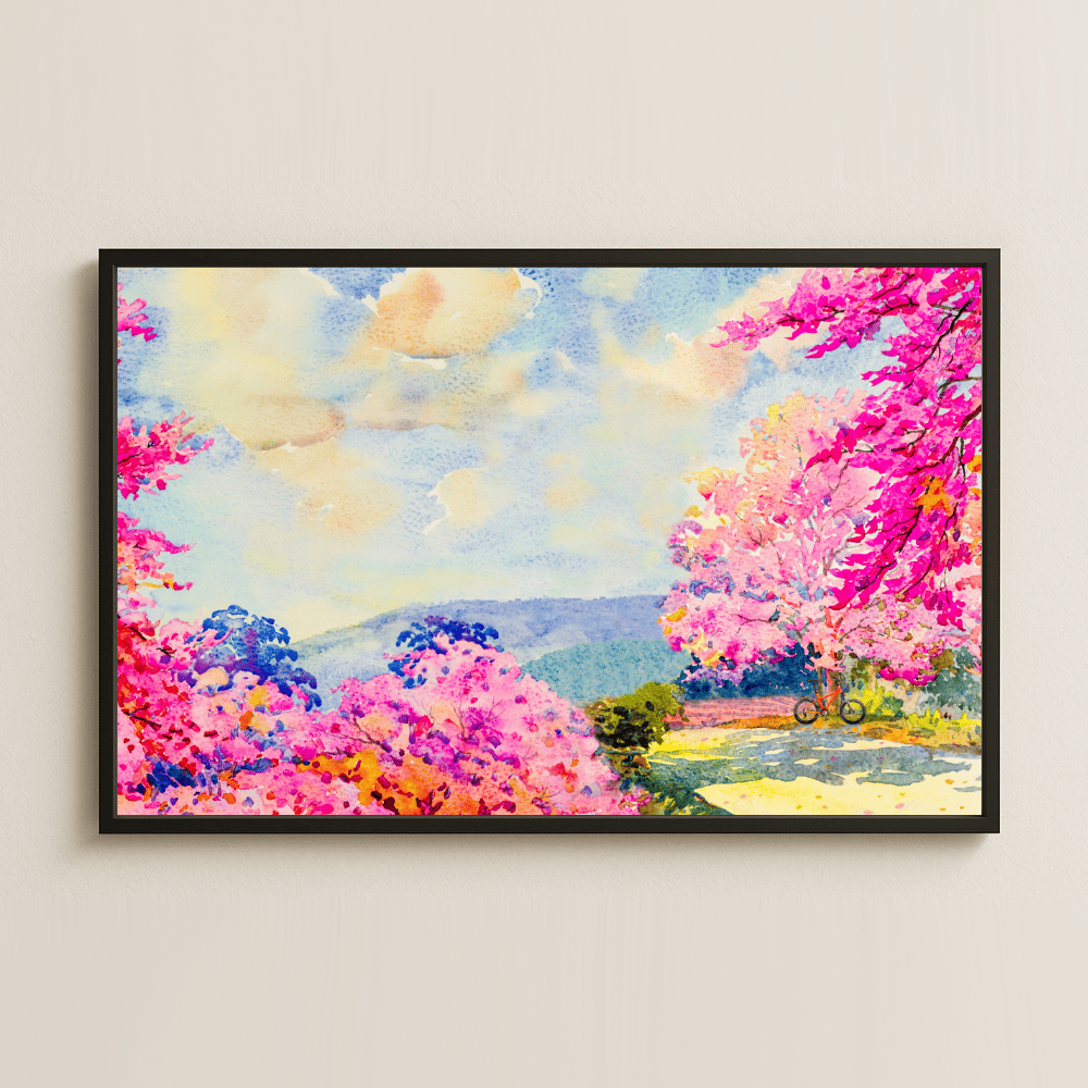 Pembe Çiçekli Yol ve Bisiklet UV Baskılı Tablo