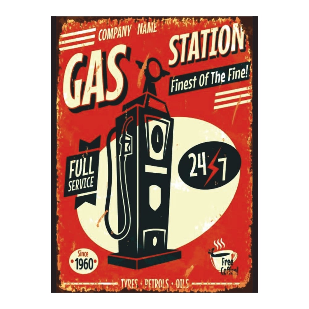 Retro Tarz Gaz İstasyonu Tasarımlı Ahşap Poster