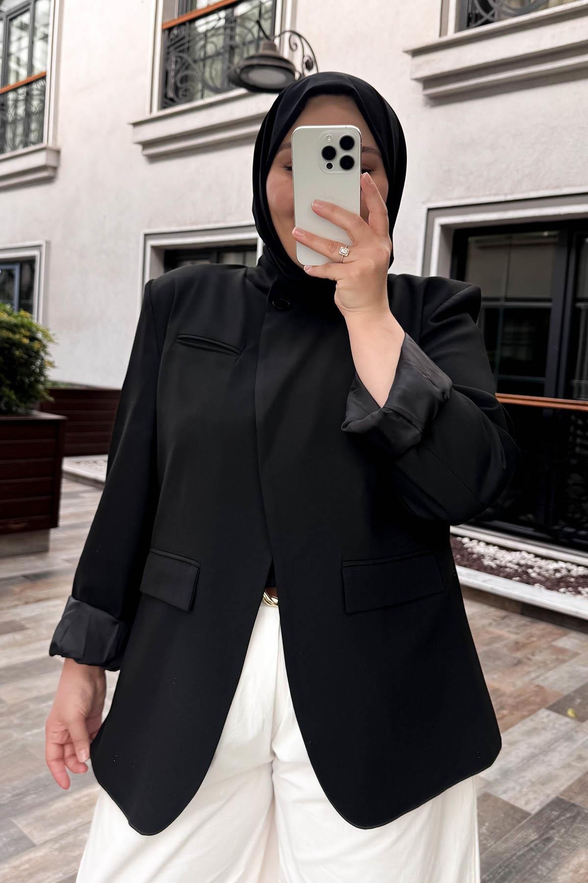 Asimetrik Tek Düğme Ceket Siyah