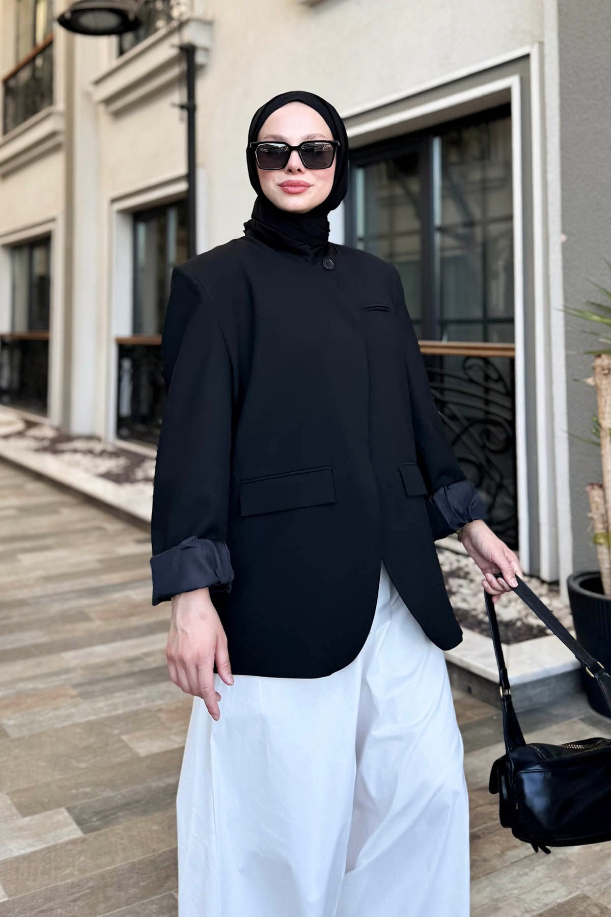 Asimetrik Tek Düğme Ceket Siyah