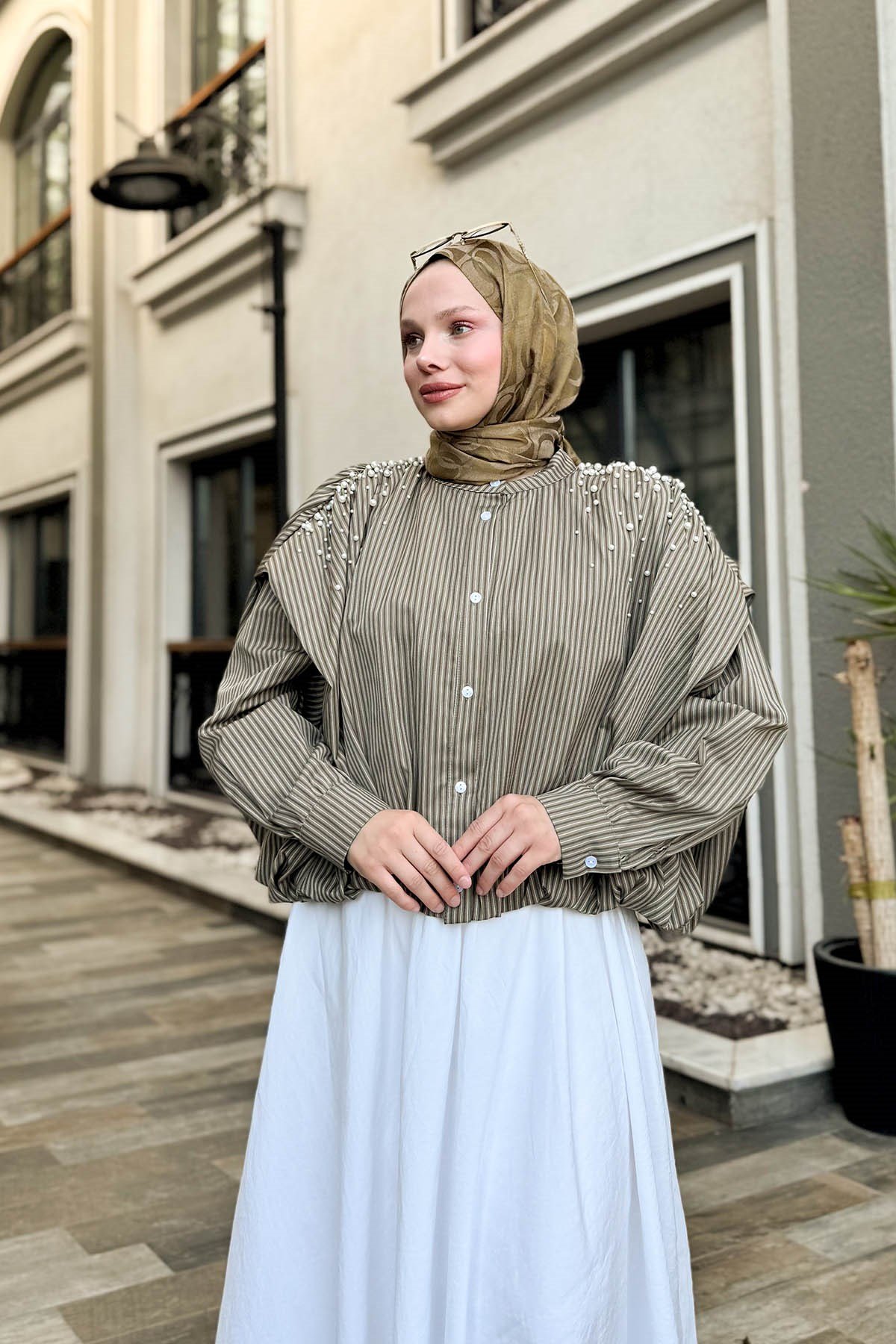 İncili Çizgili Ceket Yeşil